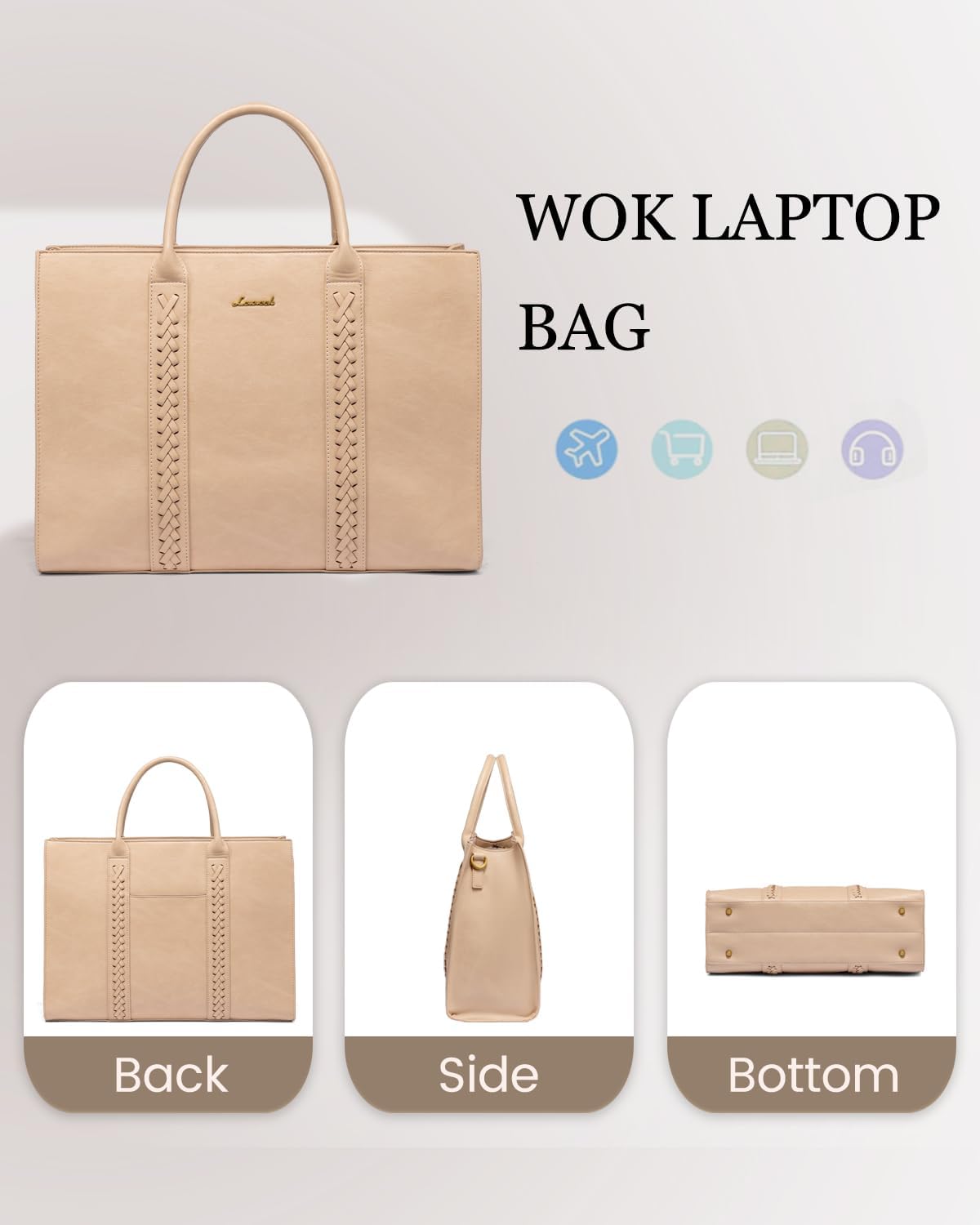 LOVEVOOK Laptop Tote Bag for Women, Vintage Leather Work Bags 15.6 inch Laptop Bag, Waterproof Computer Bag Business Office Briefcase, Beige - Image 6