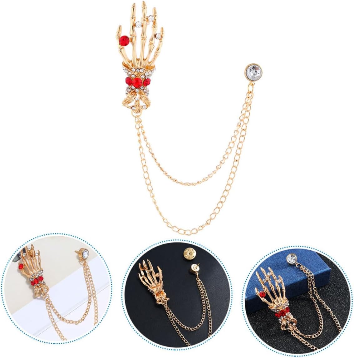 OSALADI Gold Retro Rhinestone Skull Hand Brooch Pin Halloween Skeleton Brooch Party Accessory for Women Vintage Gothic Jewelry