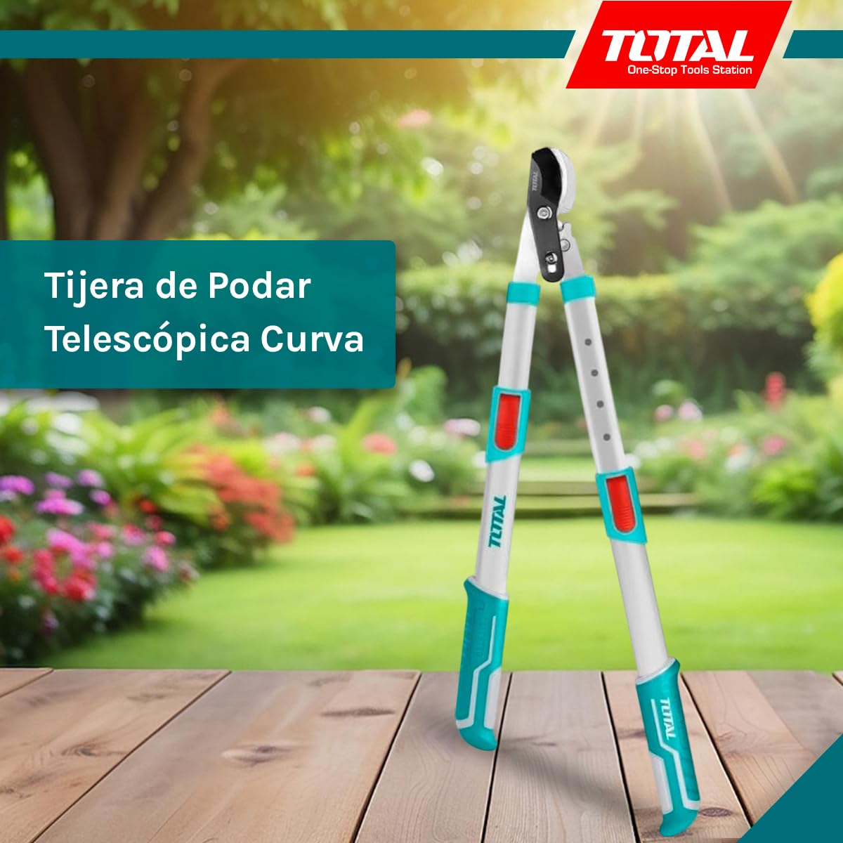 TOTAL - Tijera de Podar Telescópica Curva - 40 x 32,5 x 12 cm - Azul - Longitud de 670-880 mm - Tijera de Podar con Cabeza Curva para Mayor Capacidad de Corte