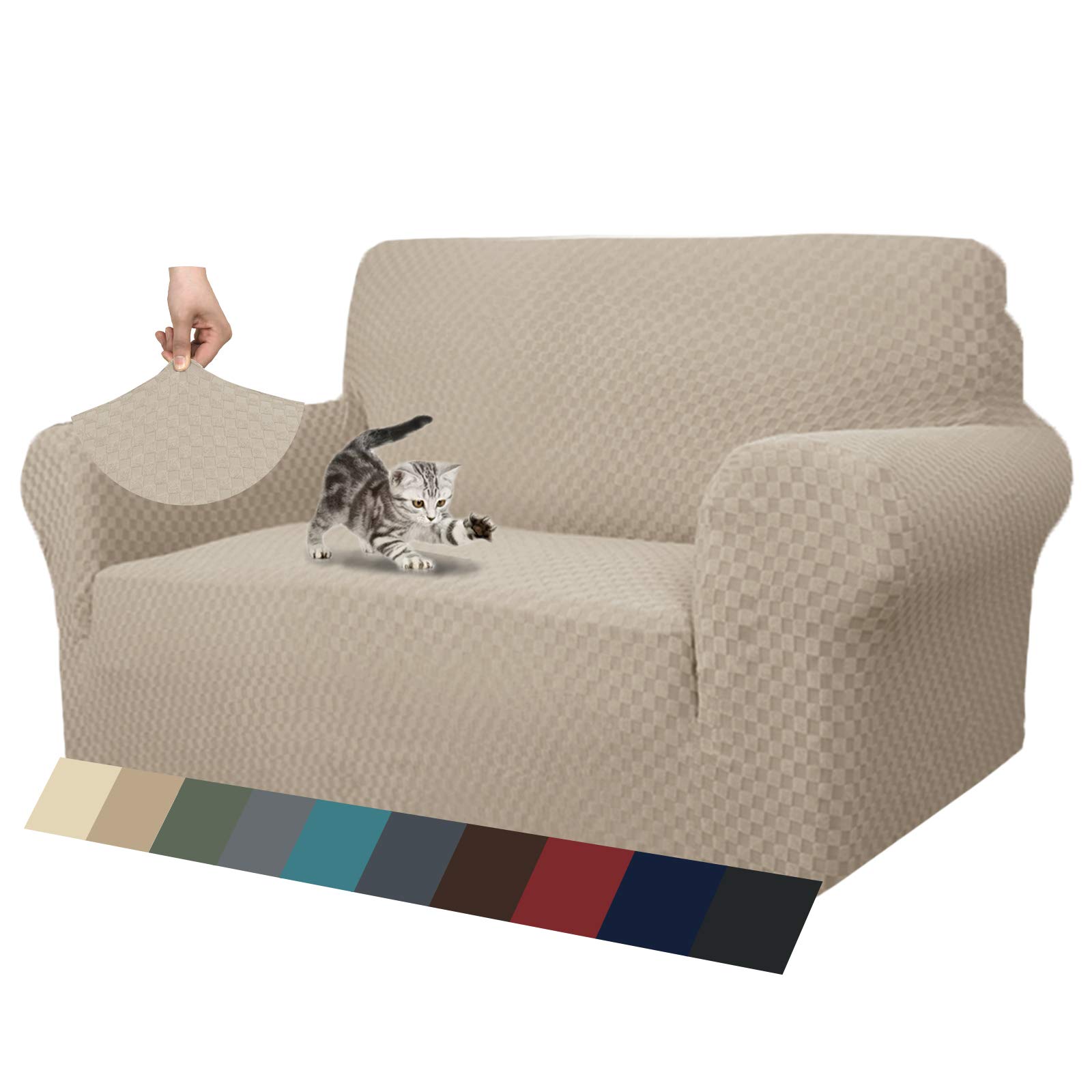 ZNSAYOTX 1 Piece Jacquard Couch Covers for 2 Cushion Couch High Stretch Loveseat Slipcover for Pets Dogs Anti Slip Love Seat Sofa Slipcover Furniture Protector (Loveseat, Khaki)