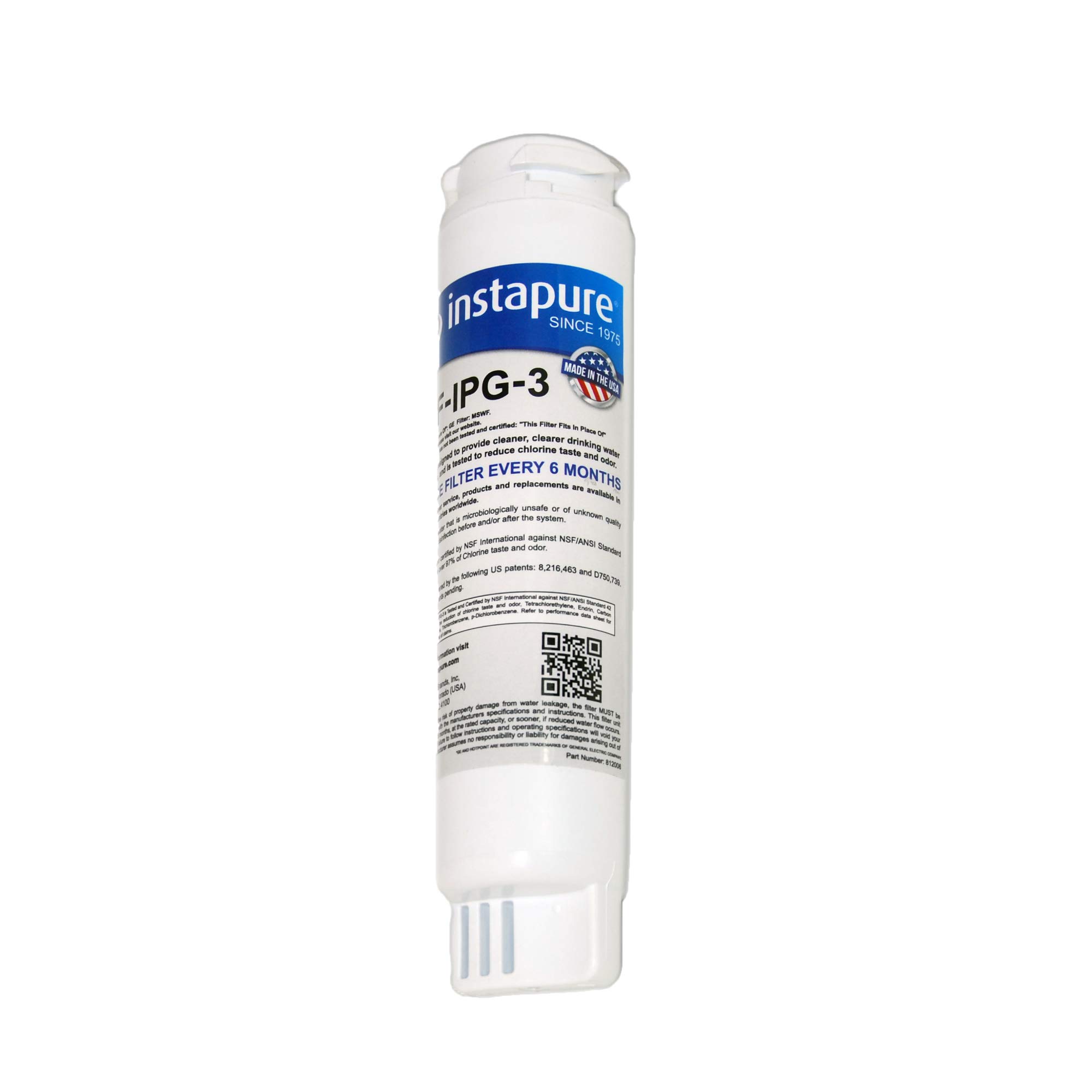 InstapureREF-IPG-3 ULTRA Refrigerator Filter, MADE IN USA, Compatible with GE MSWF, GE 101821-B, GE WR02X12345, and more, Tested & Certified by NSF to ANSI/NSF 42 & 53