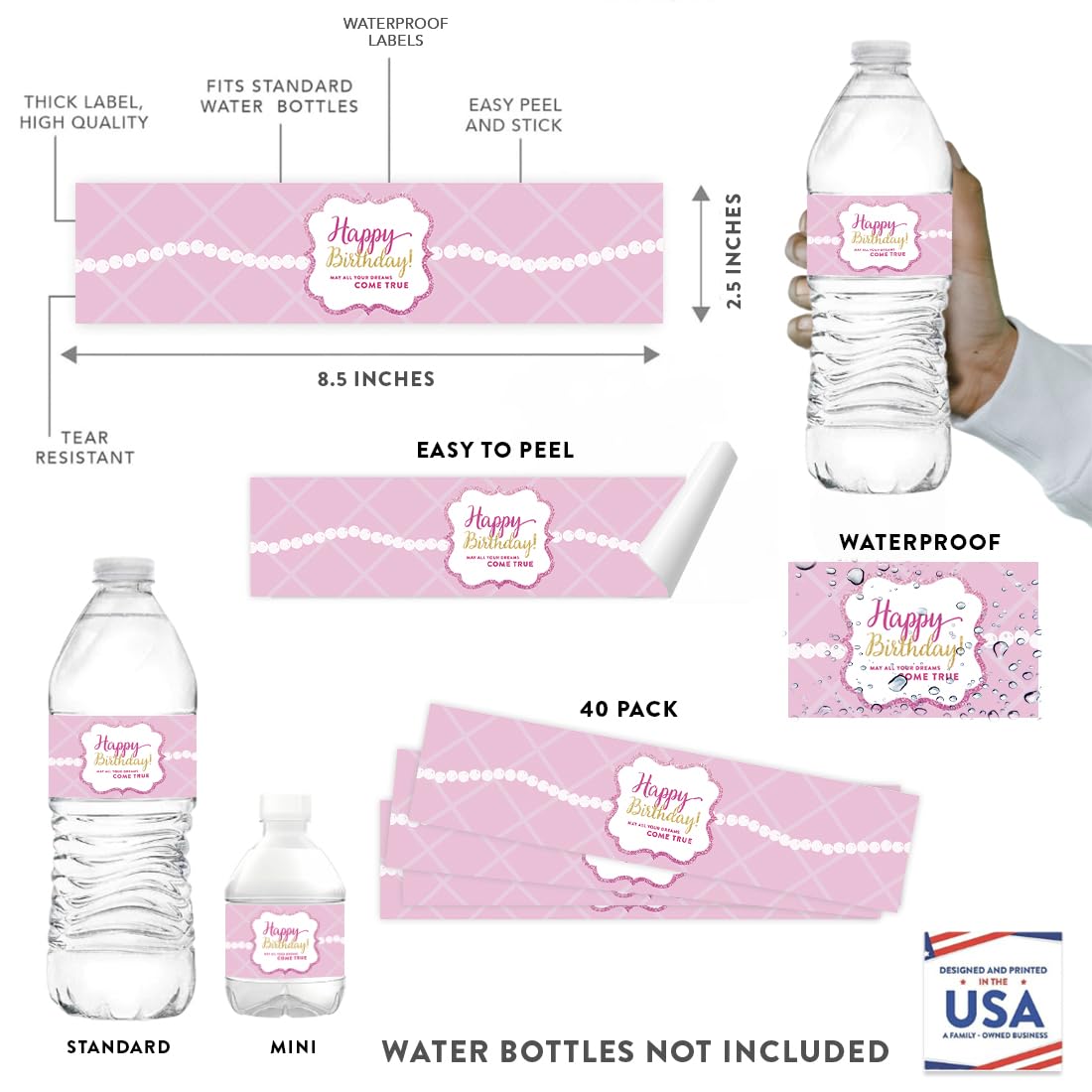 Andaz Press Sparkle Princess Birthday Collection, Happy Birthday Water Bottle Labels, 20-Pack