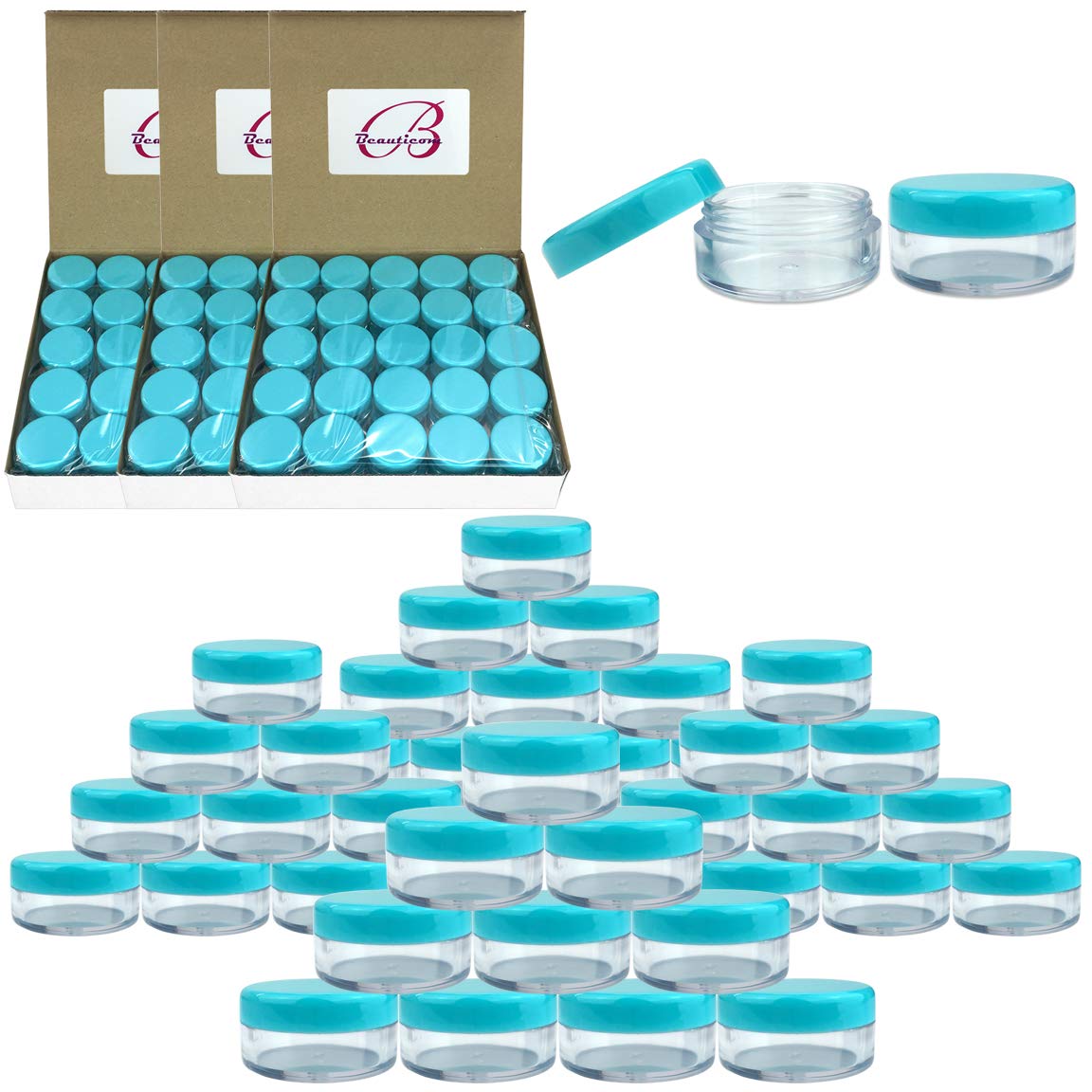 pana (Quantity: 200 Pieces) Beauticom 5G/5ML Round Clear Jars with TEAL Sky Blue Lids for Scrubs, Oils, Toner, Salves, Creams, Lotions, Makeup Samples, Lip Balms - BPA Free