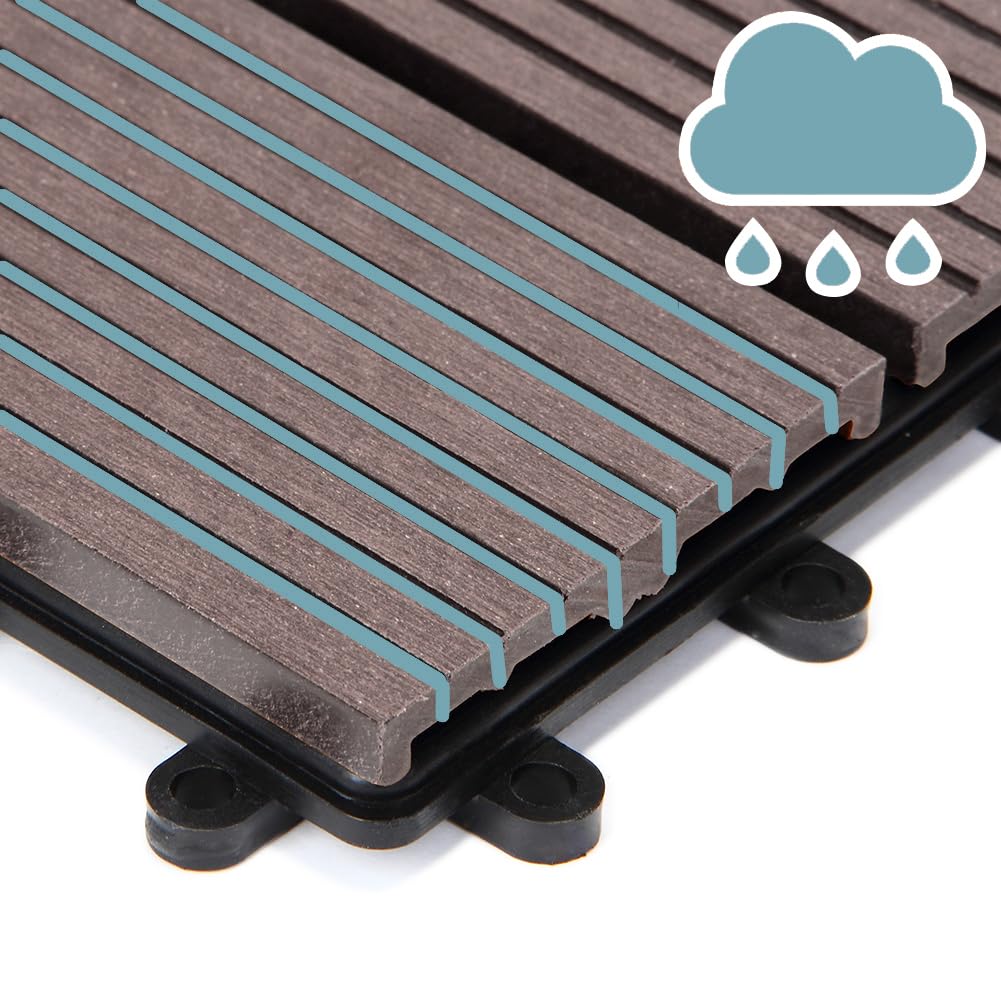 BAKAJI Set 11 Pezzi Piastrelle in WPC da Giardino con Sistema di Drenaggio Acqua, Pavimento Piastrella Resistente Agli Agenti Atmosferici Ideale per Esterno, Patio, Balcone, Terrazzo (Tortora)
