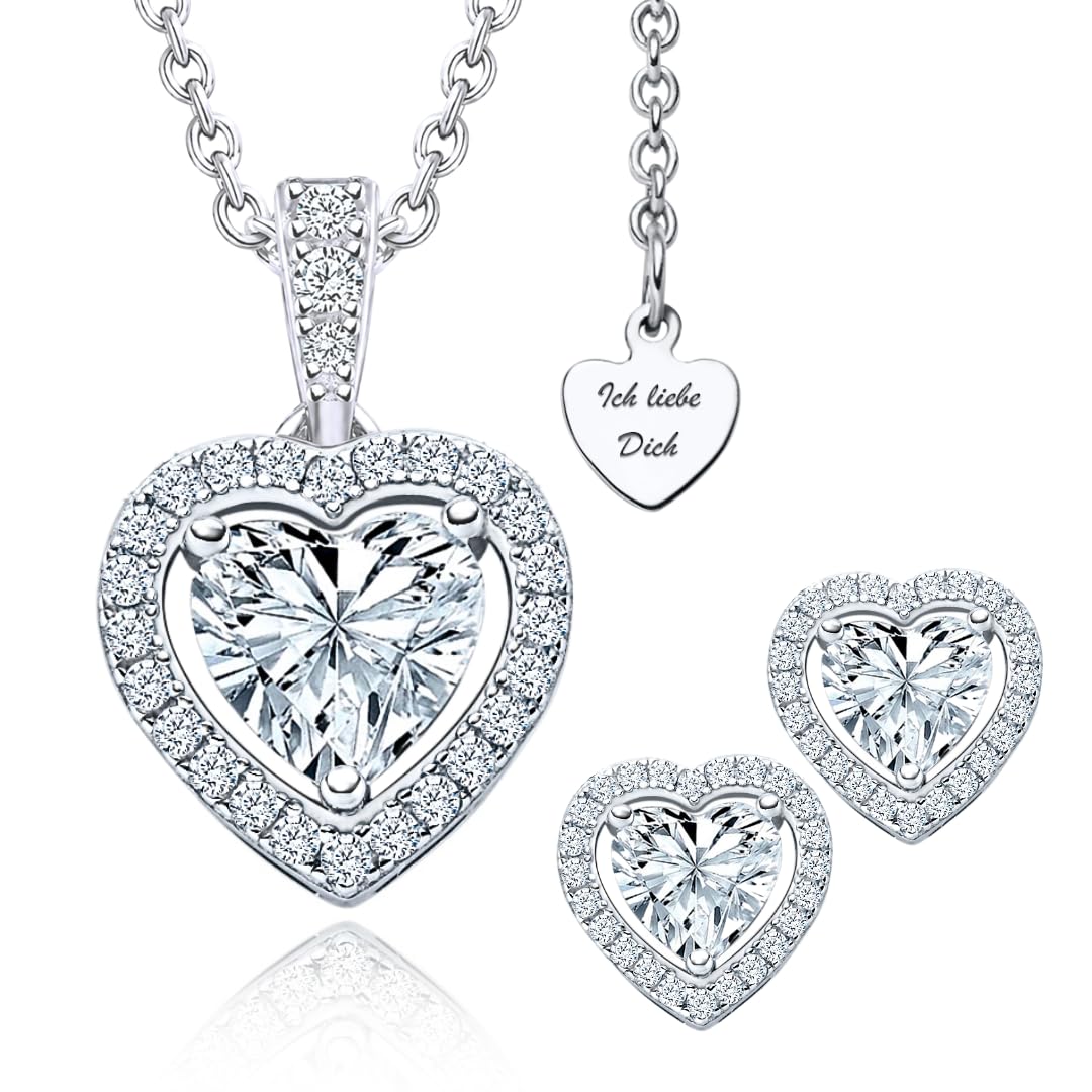 LOVENEST Schmuck Set Damen Silber 925/Rosegold/Gold ZIRKONIA | Herz Schmuckset 3tlg. zum Geburtstag Hochzeitstag Weihnachten | Kette und Ohrringe Set | Geschenk für Frau Ehefrau Freundin