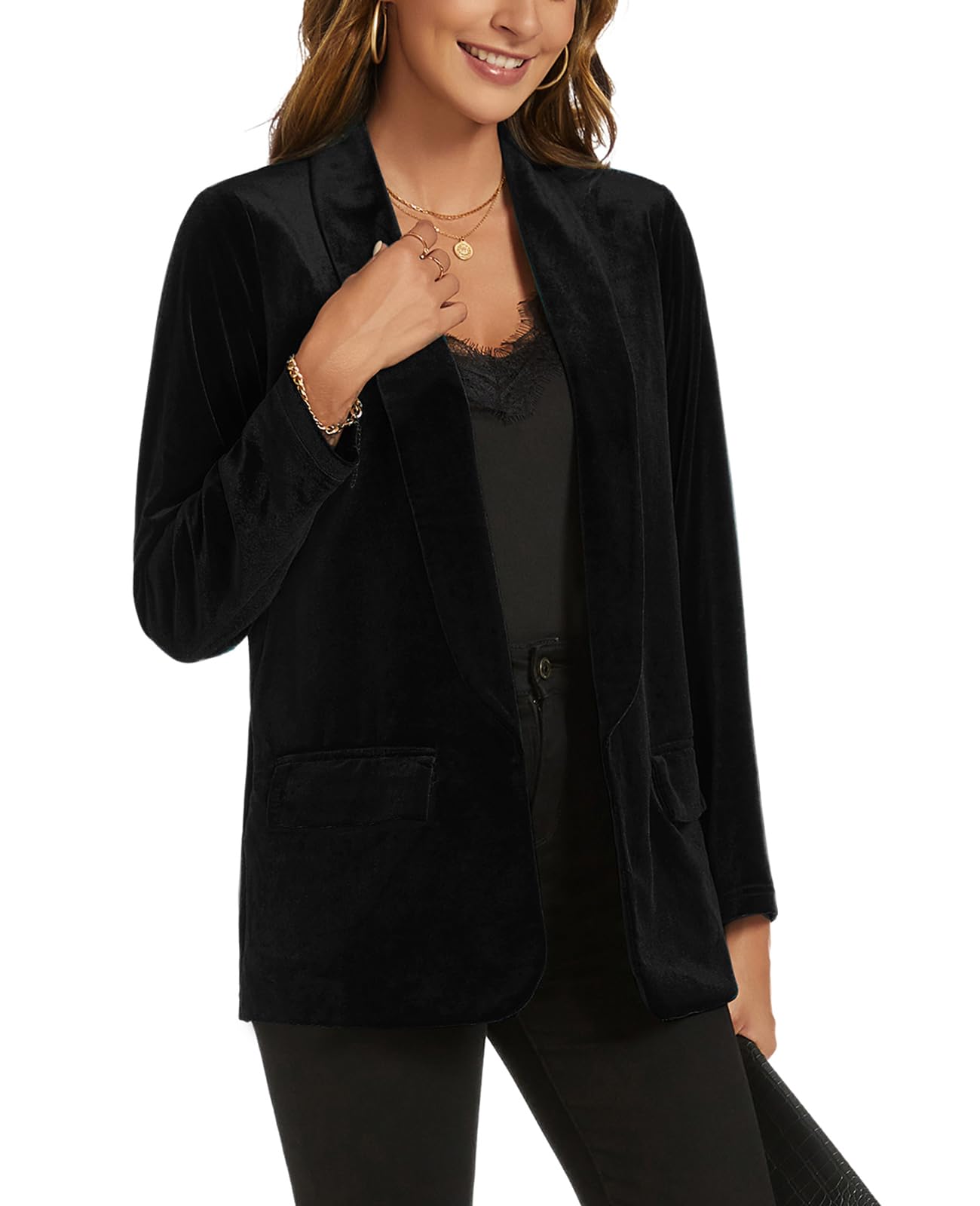 Women Velvet Blazers Shawl Lapel Open Front Work Suit 2025 Casual Long Sleeve Office Blazer Jacket with Pockets