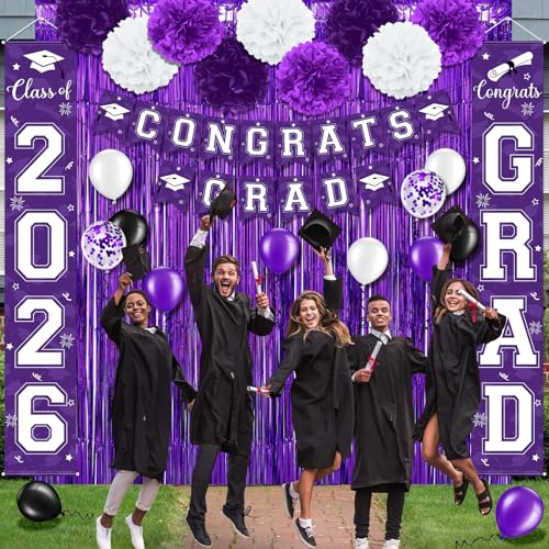 Image of Graduation Party Decorations Class of 2026, Graduation Decorations with Congrats Grad Banner Fringe Foil Curtain Paper Flower Ball Balloons for High School College Graduation Party Supplies, Purple