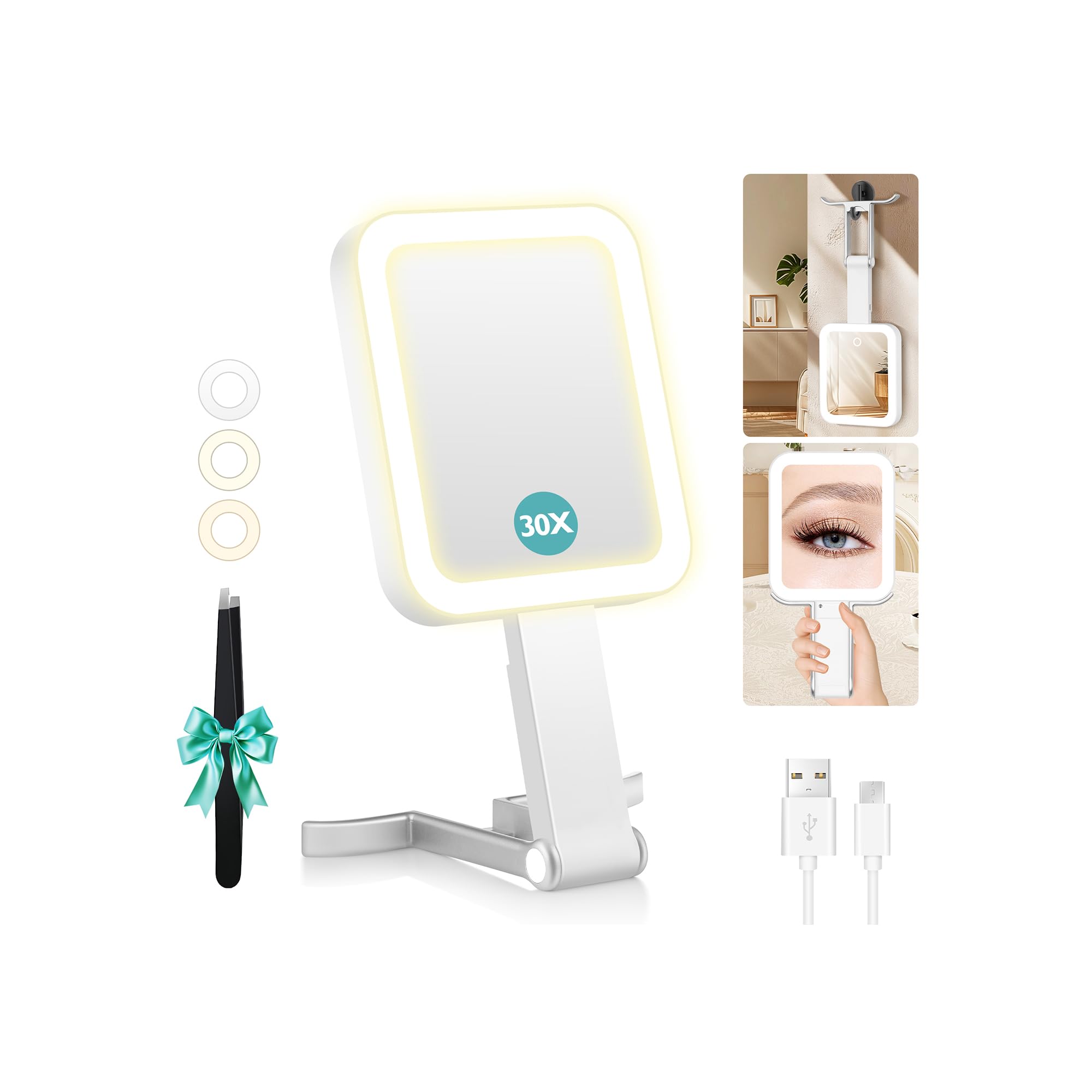 30X Small Travel Magnifying Mirror with Light(10" L x 5" W), Double-Sided 3 Colors Lighted Makeup Mirror, Dimmable Touch Screen, Hangable/Foldable Handheld Mirror, Portable Make up Mirror for Travel