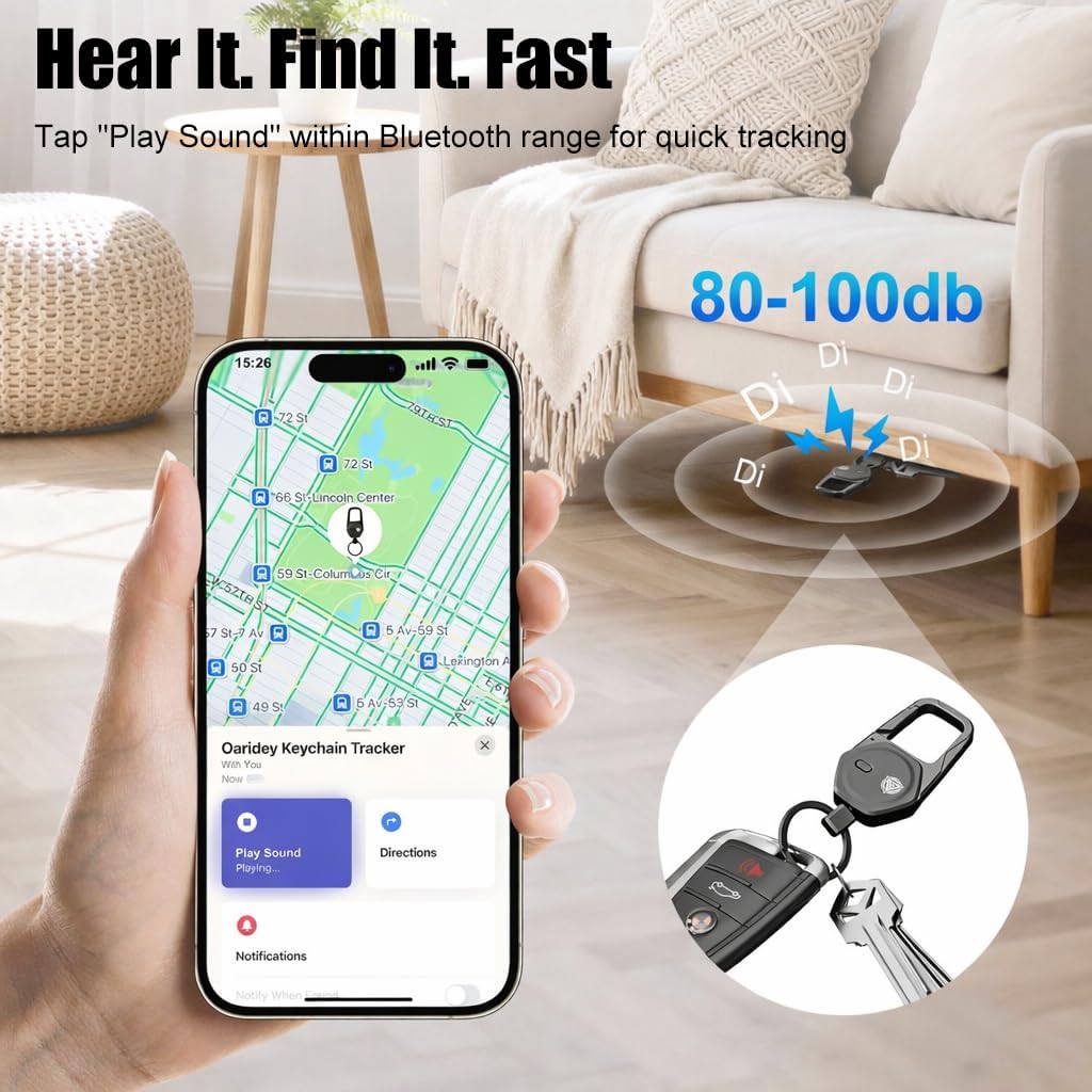 Oaridey Keychain, Works with Apple Find My, Carabiner Car Key Chain with GPS Tracker, Heavy Duty Key Finder for Luggage, Bags, Anti-Lost Key Tracker with 2-Year Battery Life, High-Precision, Black