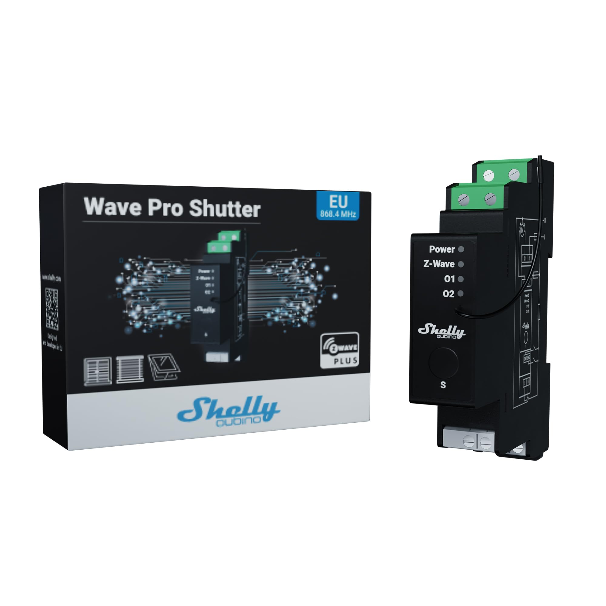 Shelly Wave Pro Shutter, Interruptor Z-Wave para Persianas con Medidor de Consumo de energía, 10 A por Canal, Temporizador Inteligente, Montaje en carril DIN, Control Inalámbrico con app