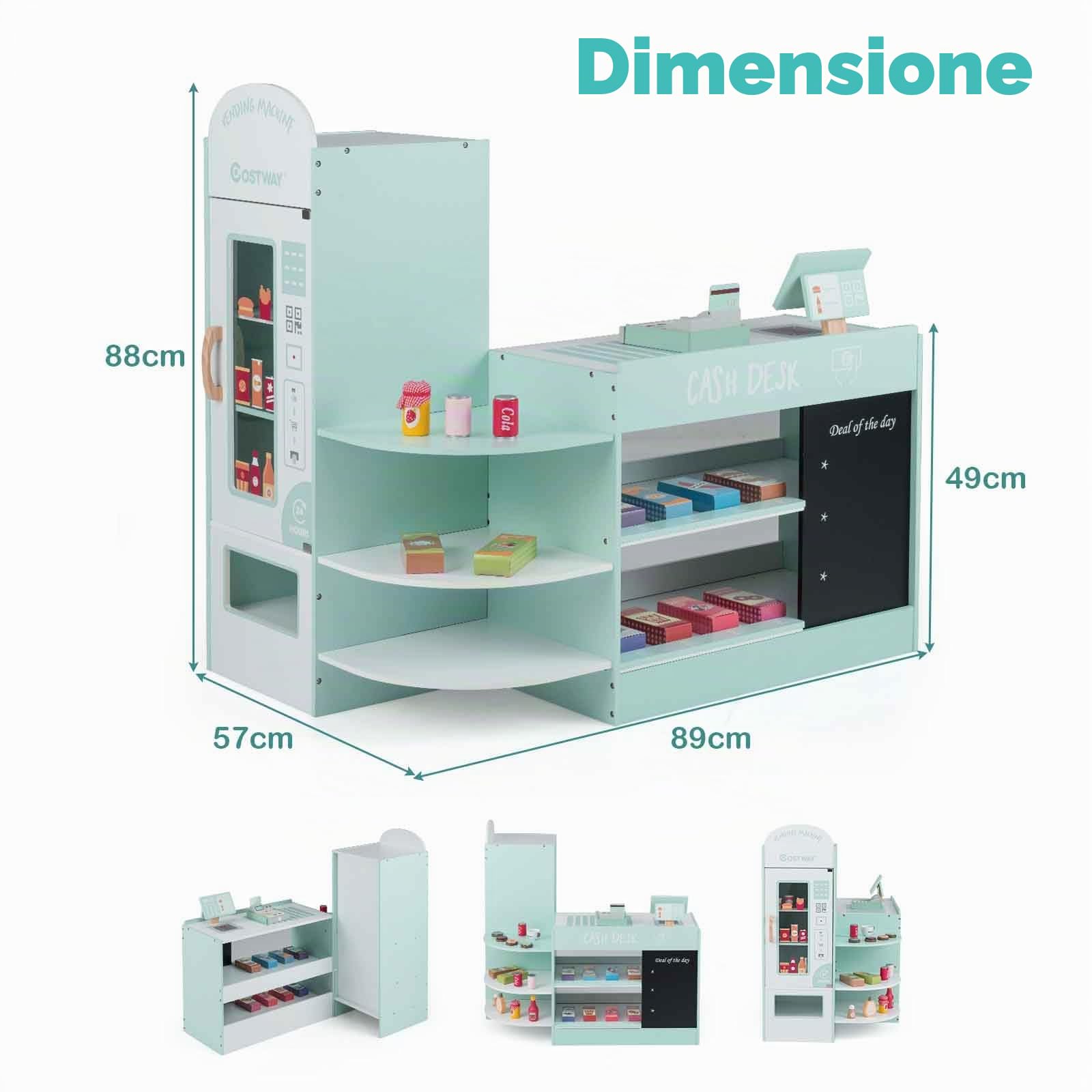 HOMASIS Supermercato Giocattolo per Bambini, Registratore Cassa Bambini in Legno, Cassa Giocattolo per Bambini con Distributore Automatico, per Bambini dai 3 agli 8 Anni (Modello 1, Verde)