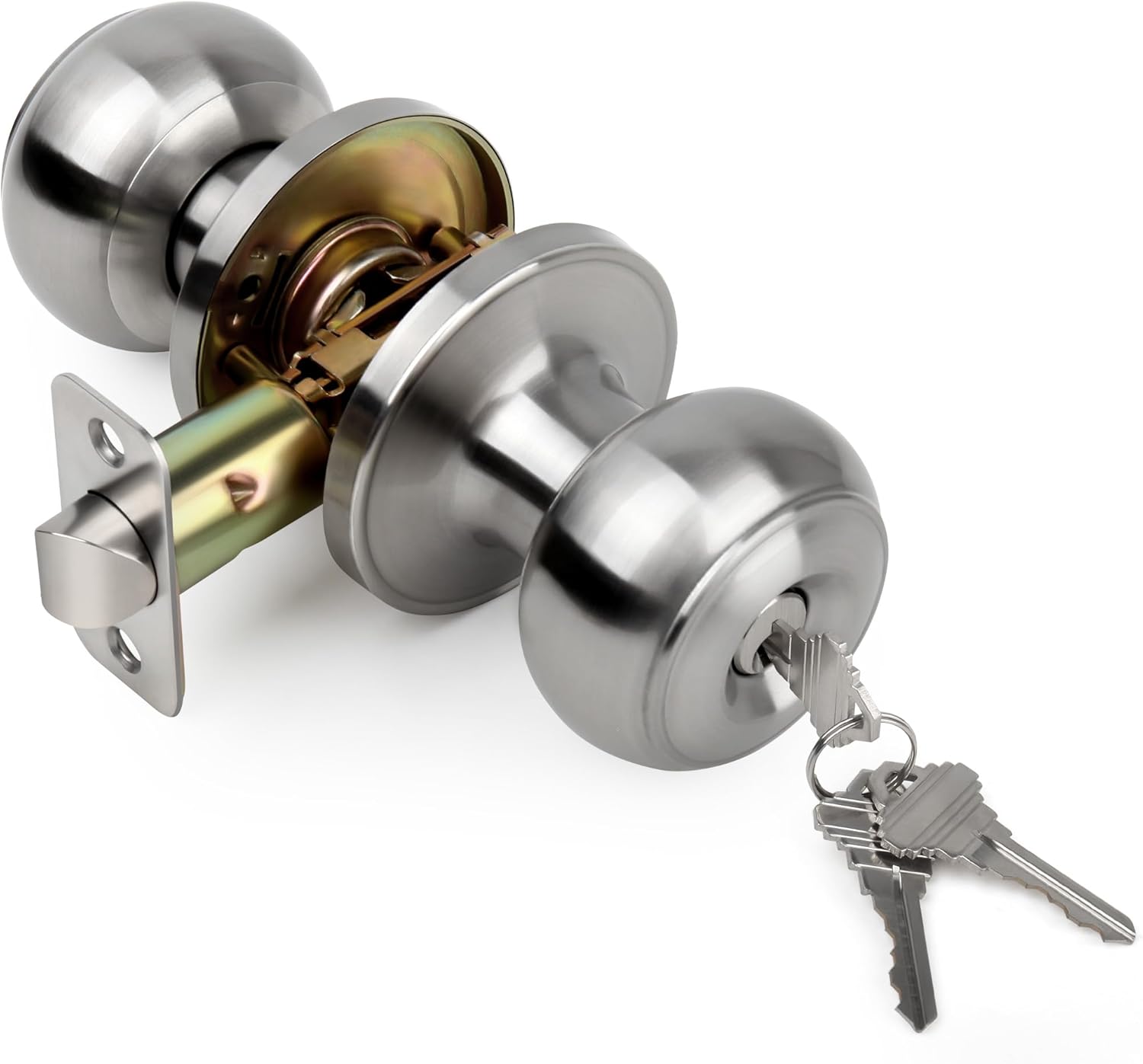 Keyed Entry Door Knob, Flat Ball Interior Door Knob with Lock, Round Exterior Doorknob for Front/Entrance Doors, Stain Nickel