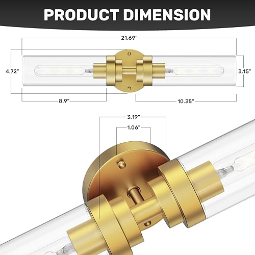 Miniatura 4 de Lámparas doradas para tocador de baño, iluminación de pared de 2 luces con vidrio transparente, apliques de pared de 21.5 pulgadas para espejo, sala