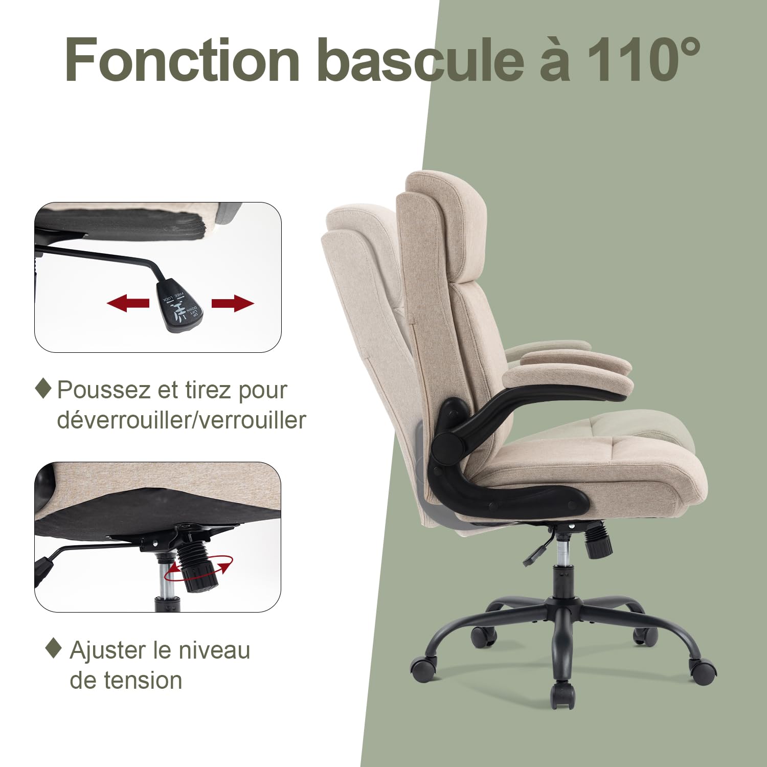 CASTLOVE Chaise de bureau ergonomique avec dossier, accoudoirs rabattables, dossier haut, hauteur réglable, fonction bascule, chaise de bureau en tissu beige, charge maximale : 150 kg