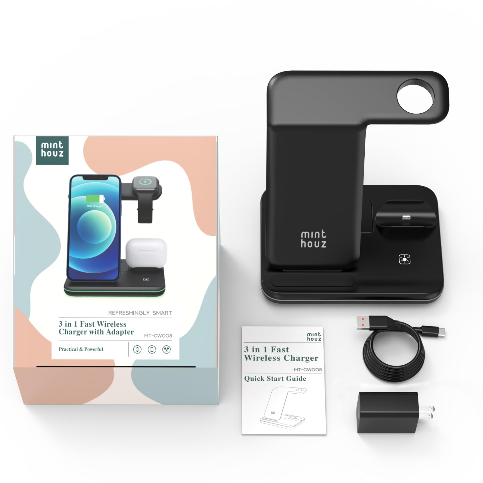 Minthouz Caricabatterie wireless per telefono, stazione di ricarica rapida da 18 W per iWatch (il caricabatterie dell'orologio non è incluso), AirPods, supporto per caricabatterie wireless compatibile