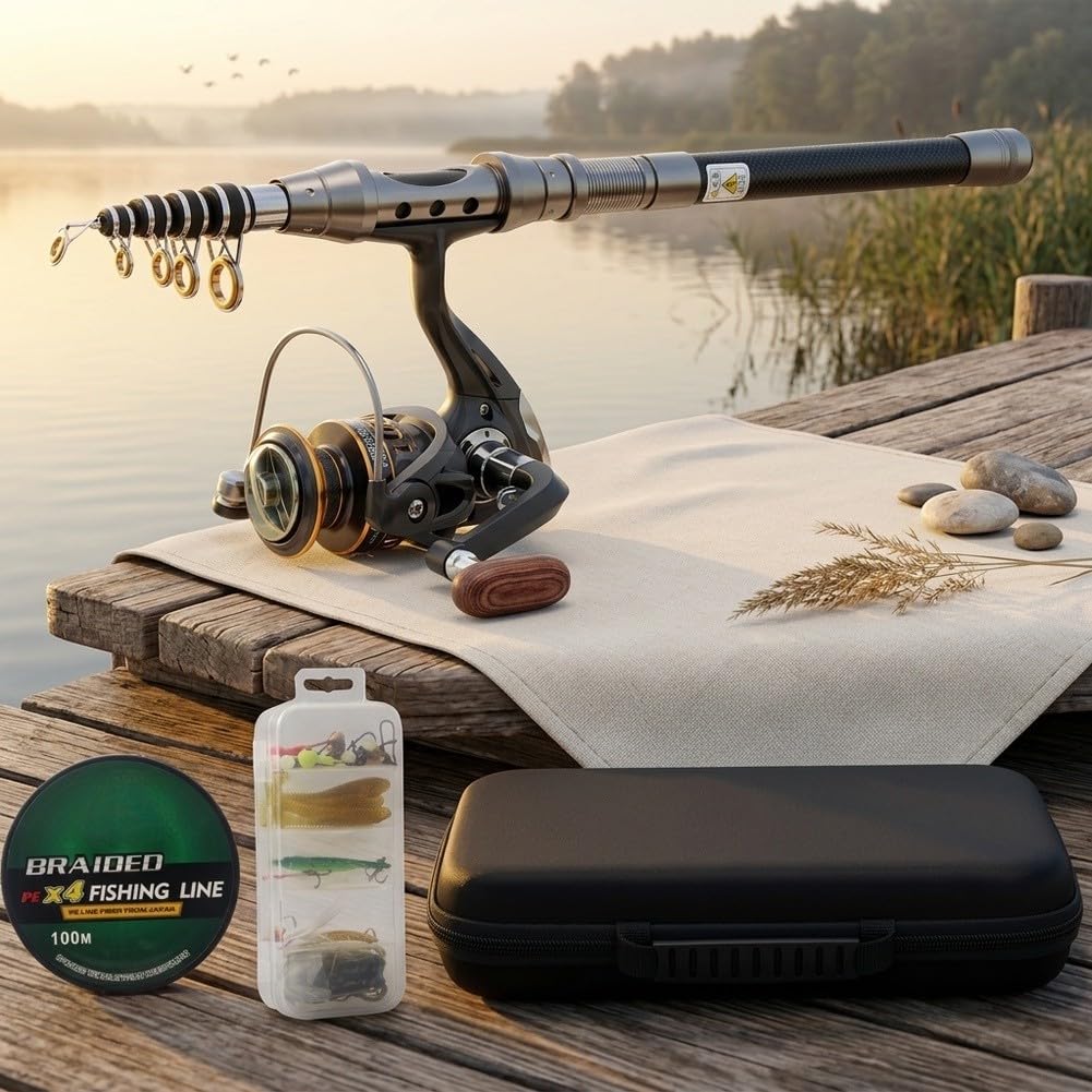 Canna da pesca e mulinello con scatola per attrezzatura da pesca, set in fibra di carbonio per acqua dolce e salata, 1,5 m, nero e argento (set di canne da pesca da 1,5 m)