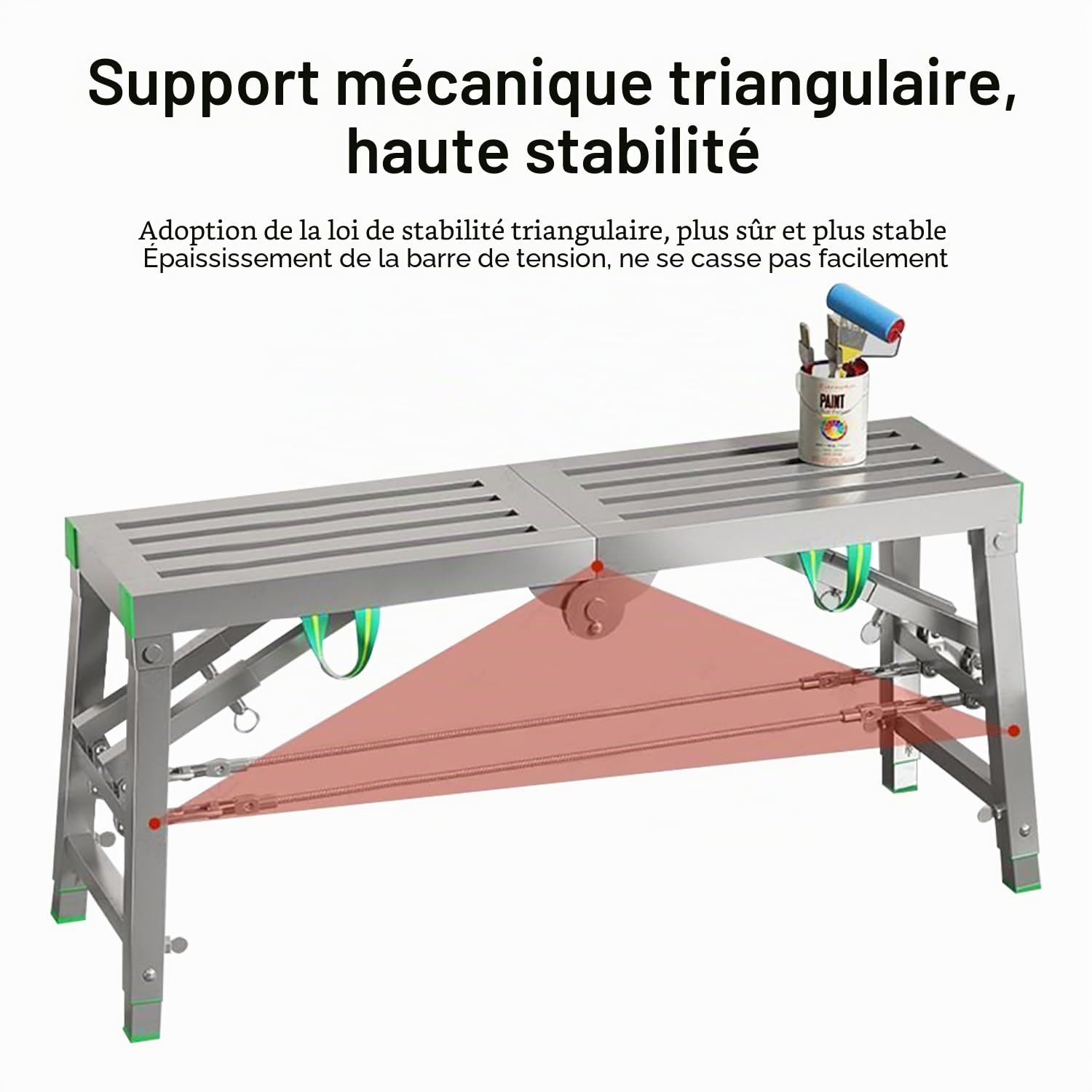 Plateforme pliable et réglable, cadre portable et galvanisé, hauteur ajustable pour nettoyage et peinture, charge max. 360 kg, 160 x 37 cm