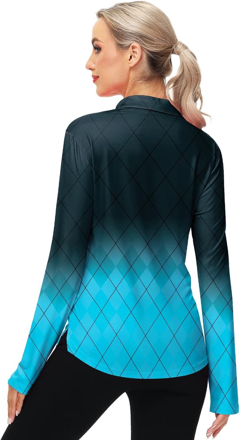 AOBUTE Women's Long Sleeve Golf Shirts Zip Polo Tennis Top with Thumb Hole - Image 7