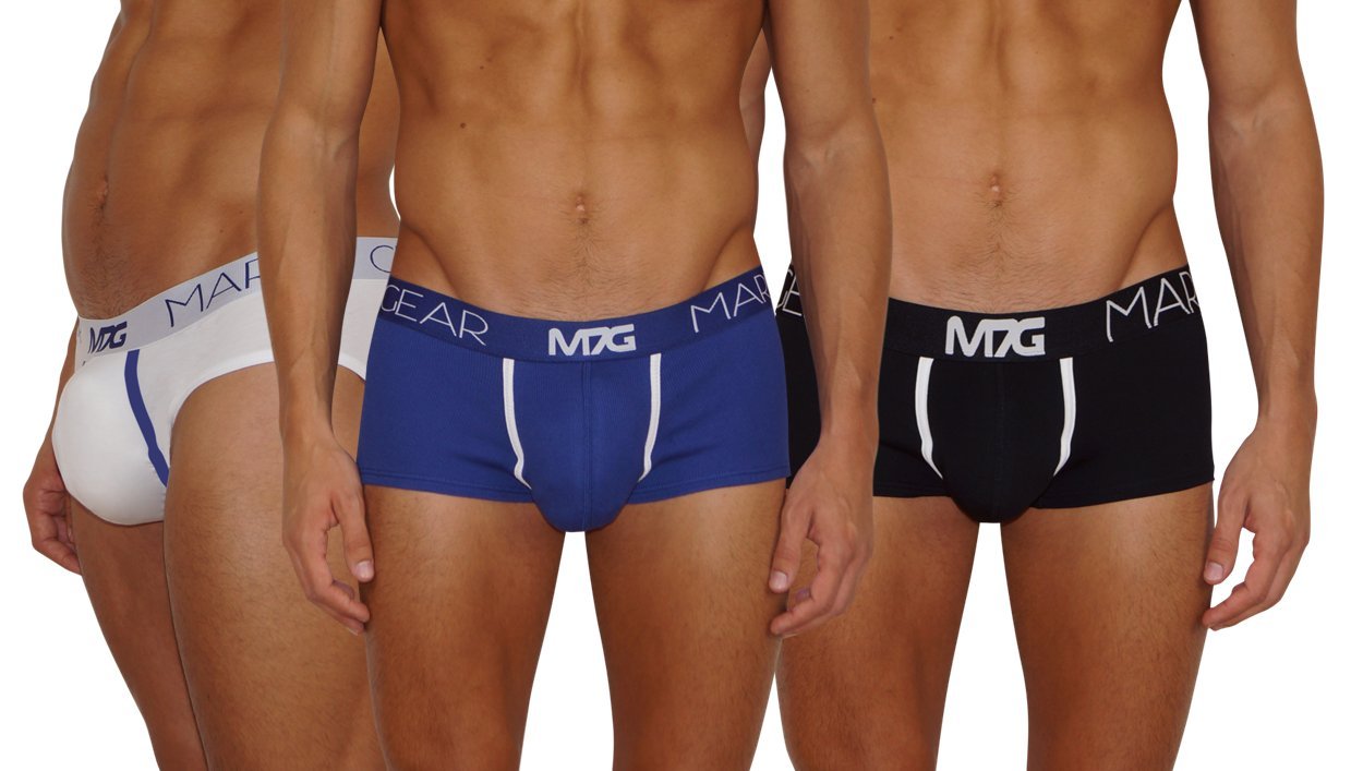 Mark7GearUnderwear Triple Pack Mix – 2X Trunks, 1 x Brief - White, Blue, Black - with Boost Engeneering (Push UP)