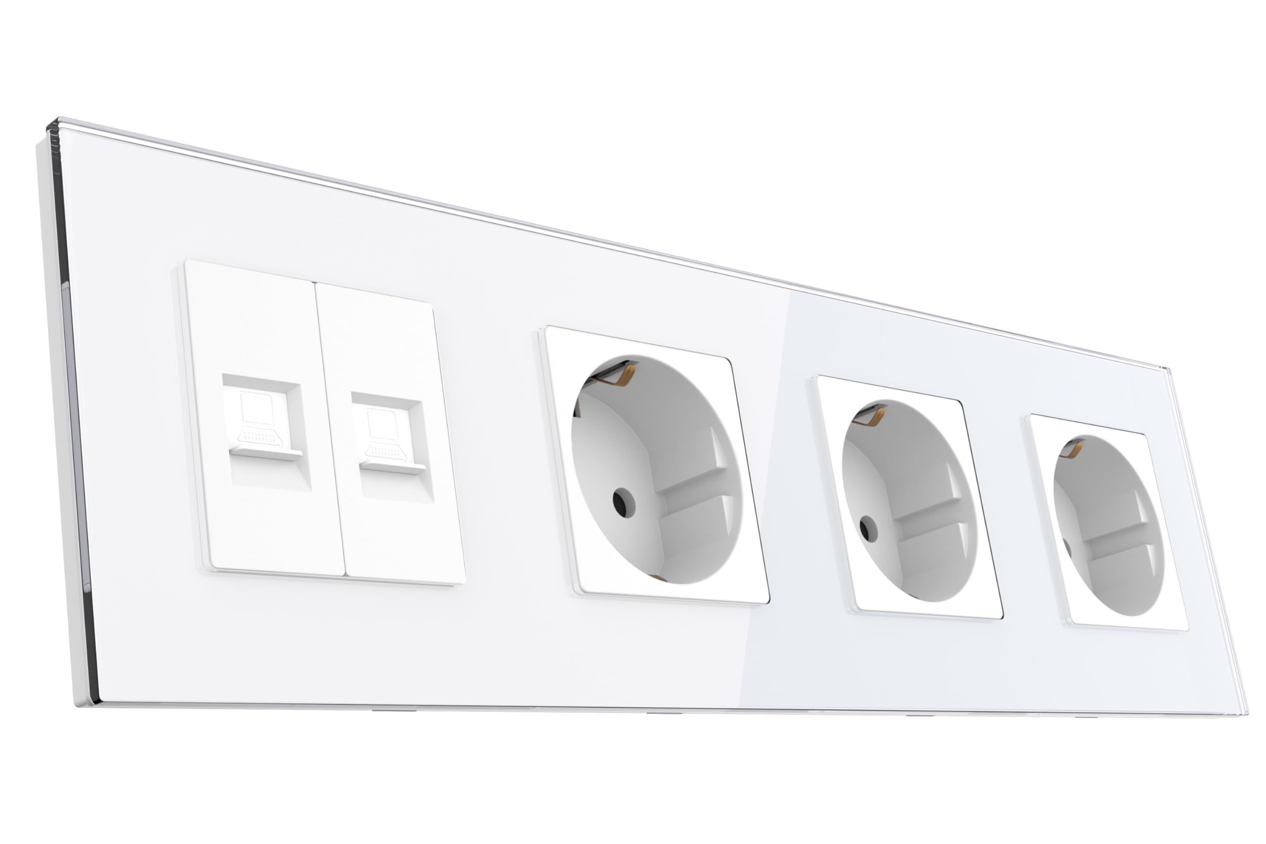 PULSAR Presa di rete Cat6 con 3 prese, da incasso, in vetro bianco, 4 scomparti, 2 porte RJ45, 10 Gbit, EIA/TIA 568A&B