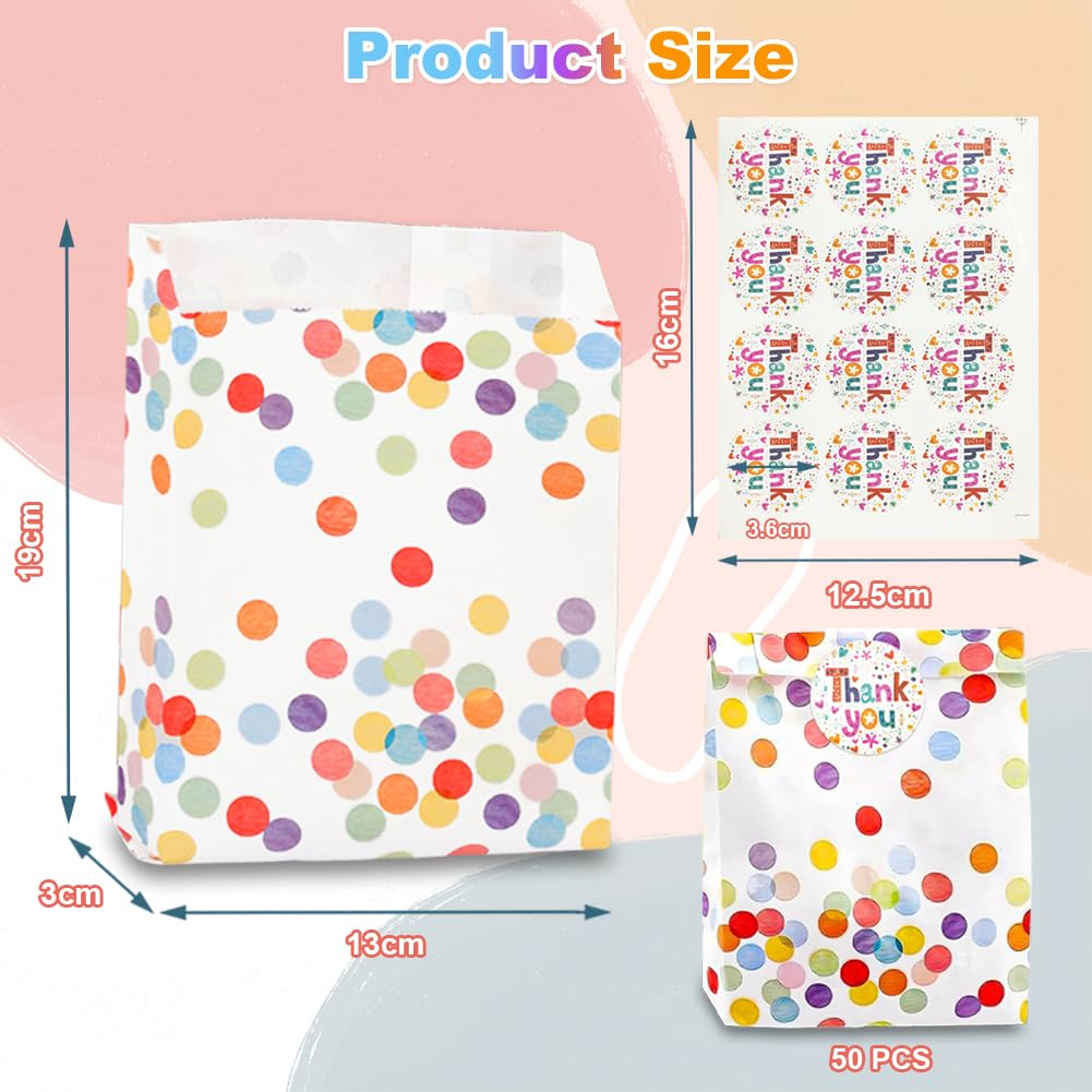 AMFUN 50 Pezzi Sacchettini Compleanno Bambini, Bustine Regalini Fine Festa Bambini, Sacchetti di Carta Resistente all'Olio con 60 Adesivis per Matrimoni, Natale, Feste, 19 * 13cm