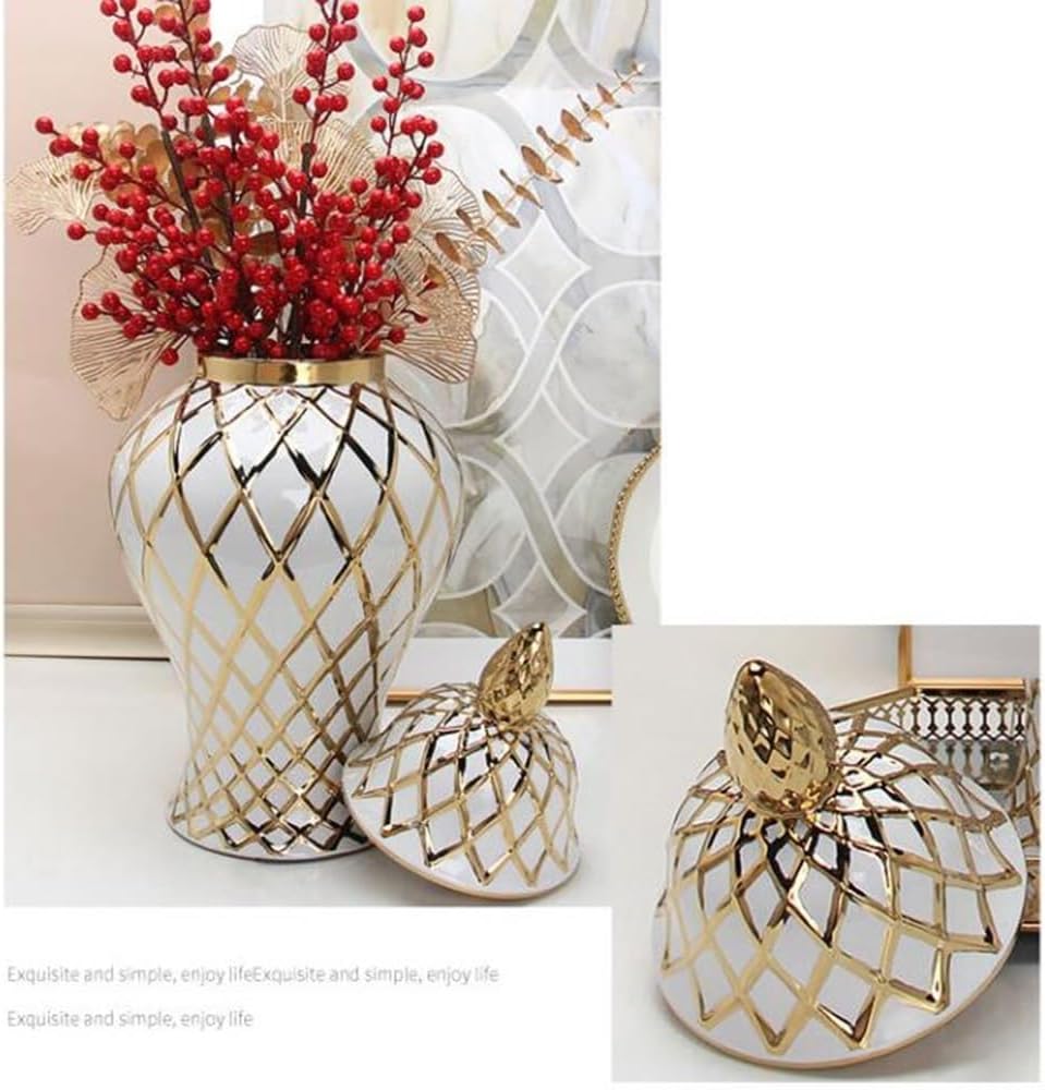 Ceramic Ginger Jar With Lid White And Gold General Jar Temple Jar Ceramic Storage Jar For Home Crafts Soft Decoration Vases Flower Arrangements, 20*42cm, XSCQ01