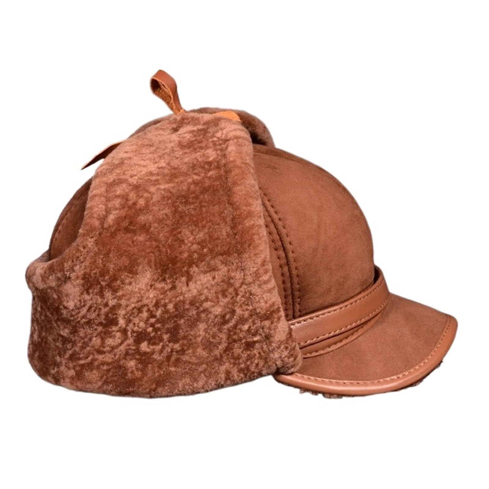 Hombre Cuero Real Lana Completa Piel de Cabra un Bombardero Sombreros Hombre Polar cálido Gorras marrón/Azul Oscuro capó de Motocicleta