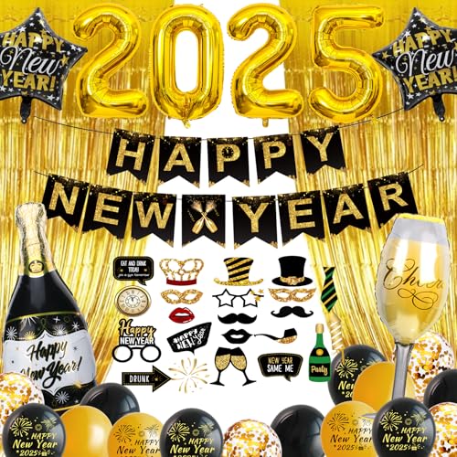 Decorazioni Capodanno 2025 XXL, Gadget Capodanno 2025, Accessori Foto Booth, 2025 Palloncini Capodanno Giganti, Tenda Con Frange, Happy New Year 2025, Nero Oro Addobbi Capodanno