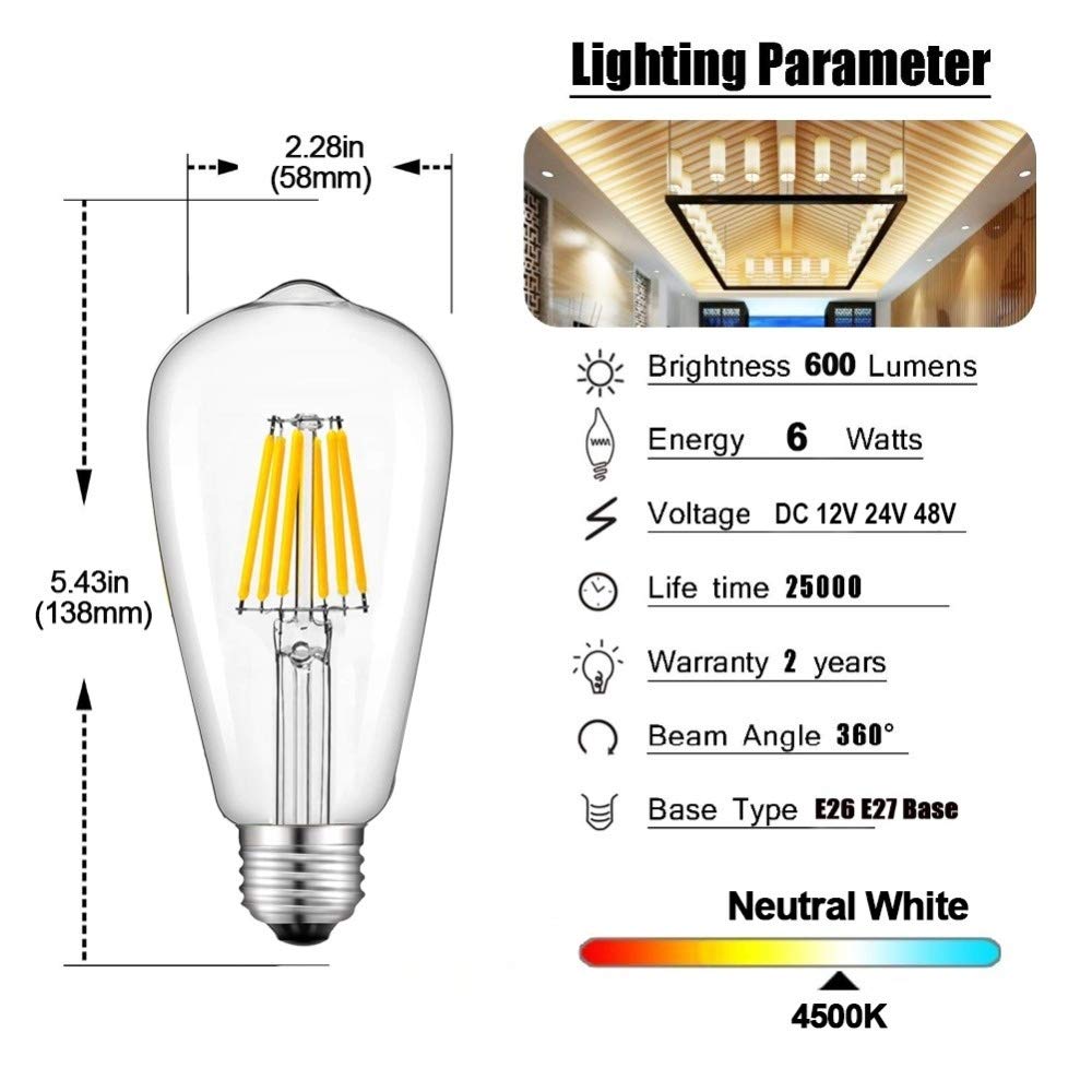 Lampadine Edison a Bassa Tensione, Non dimmerabili, 12V 24V E27, Lampadina a LED, Bianco Caldo 4500K, 6W 12V, Lampada a LED Vintage, Bianco Caldo 2700K, lampadine per Uso Domestico ST58, 5 Pezzi