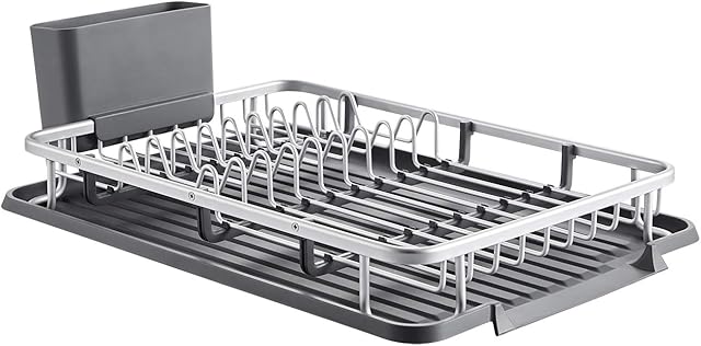 Kingrack Aluminum Dish Drainers,Compact Dish Drying Rack with Removable Drip Tray,Utensil Holder, Draining Board, Grey Dish Rack Drainers for Small Kitchen Countertop