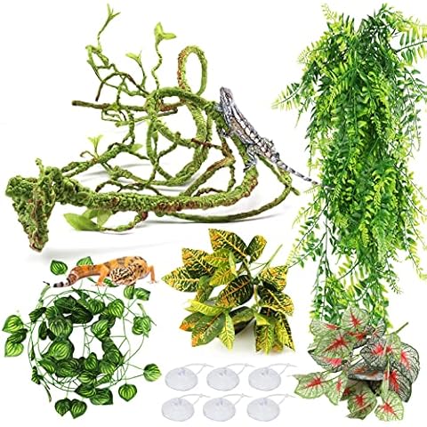 PietyPet Reptile Plants, Terrarium Hanging Plant Vines Artificial Leaves Reptile Hide, Leopard Gecko Tank Accessories, Terrarium Decorations for Bearded Dragon Lizard Snake Geckos Chameleon Cover