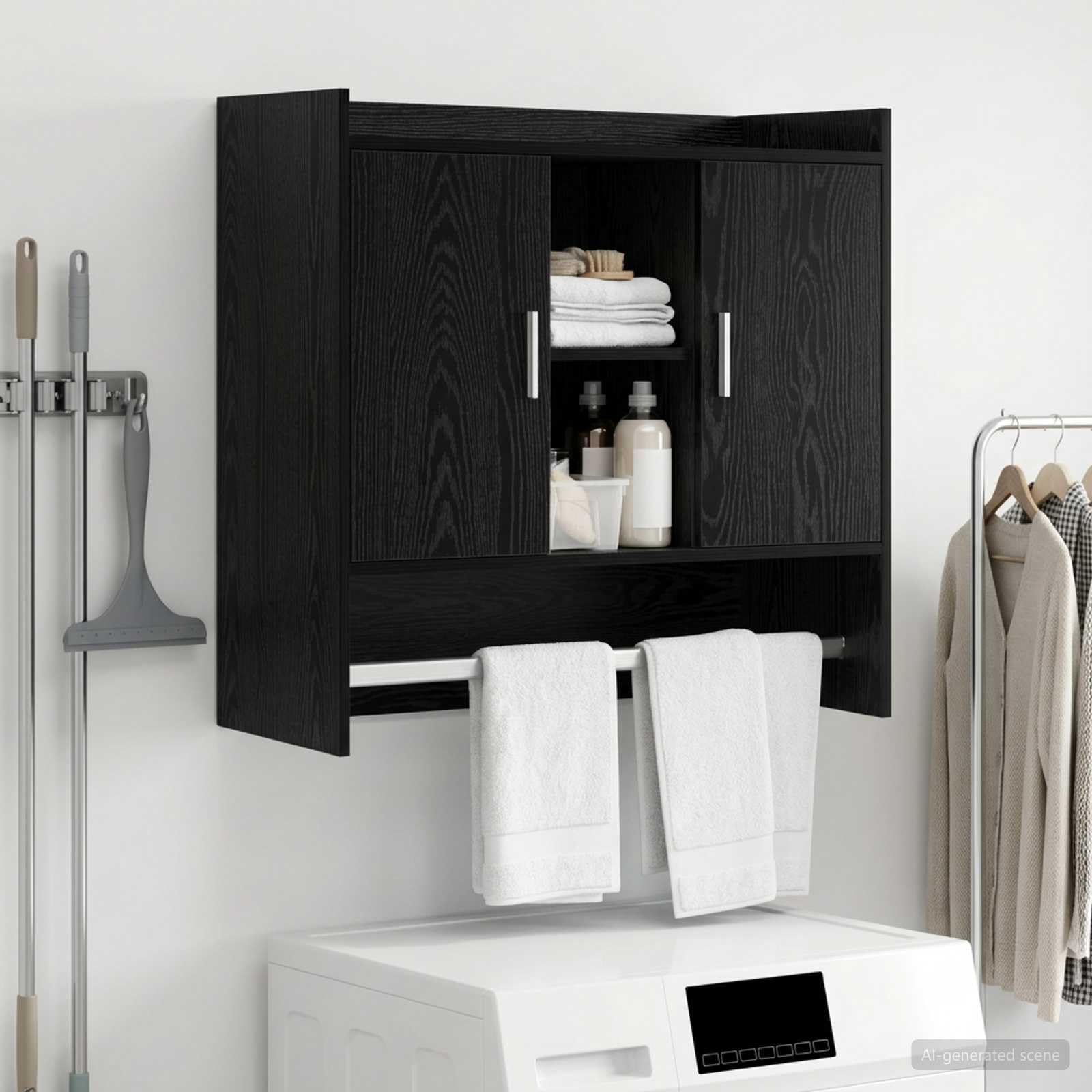 Estantería de pared de madera de roble negro, 80 x 36 x 80 cm, con puerta colgante de 90°, soporte de pared para salón, dormitorio, cocina, pasillo, espacio de almacenamiento y organizador