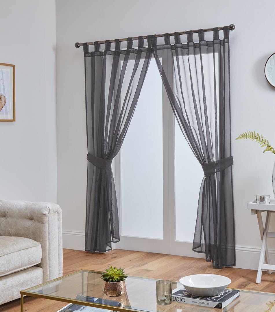 John Aird Pair Of Woven Voile Tab Top Curtain Panels. Tiebacks Included (Dark Grey, 58" Wide x 90" Drop) — image 1