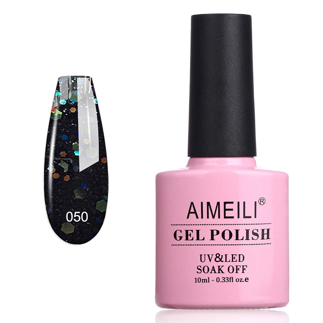 AIMEILI Soak Off U V LED Gel Nail Polish - Black Diamond Glitter (050) 10ml