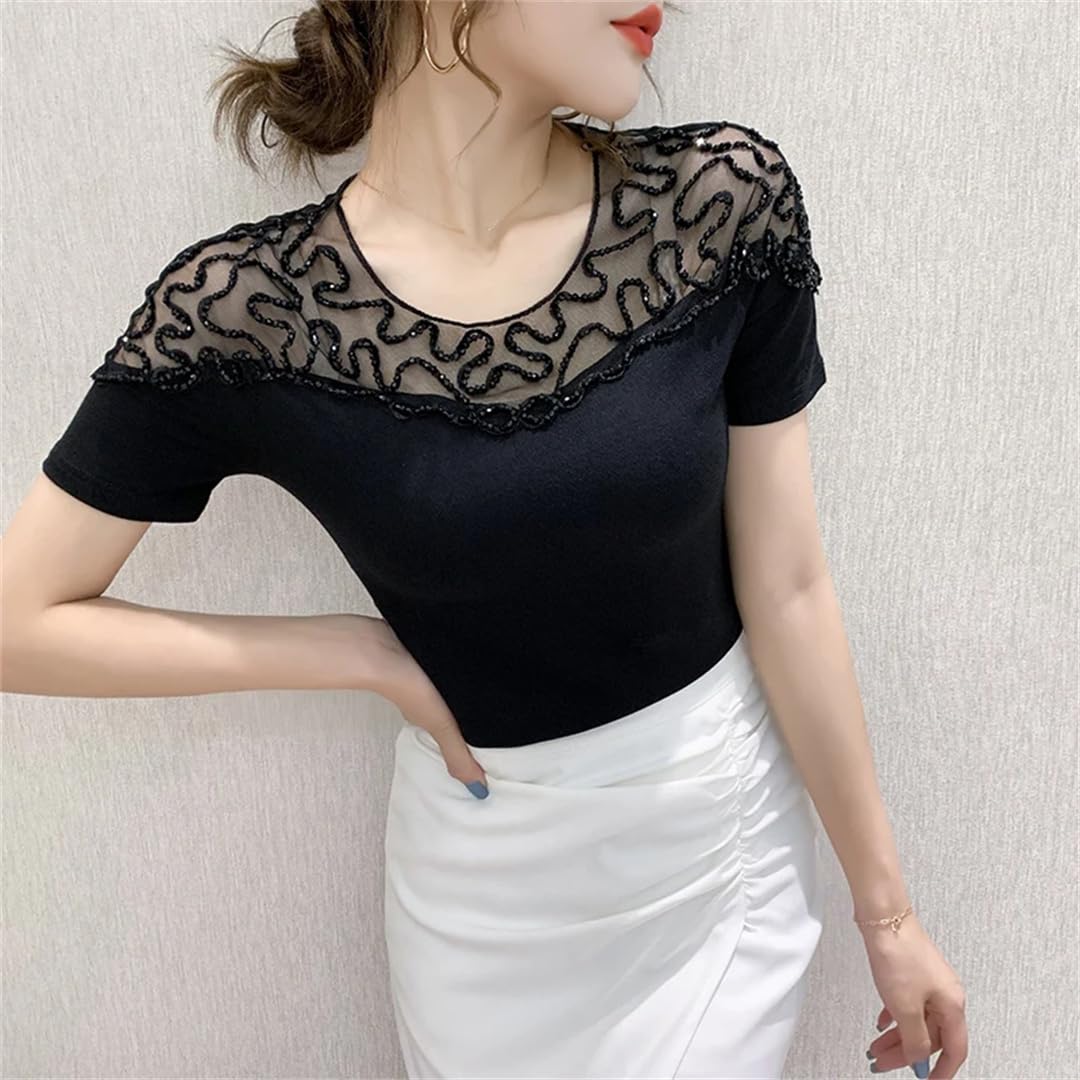 Lmtossey Maglietta estiva con scollo rotondo femminile in pizzo traforato a rombi slim fit top manica corta stretch t-shirt