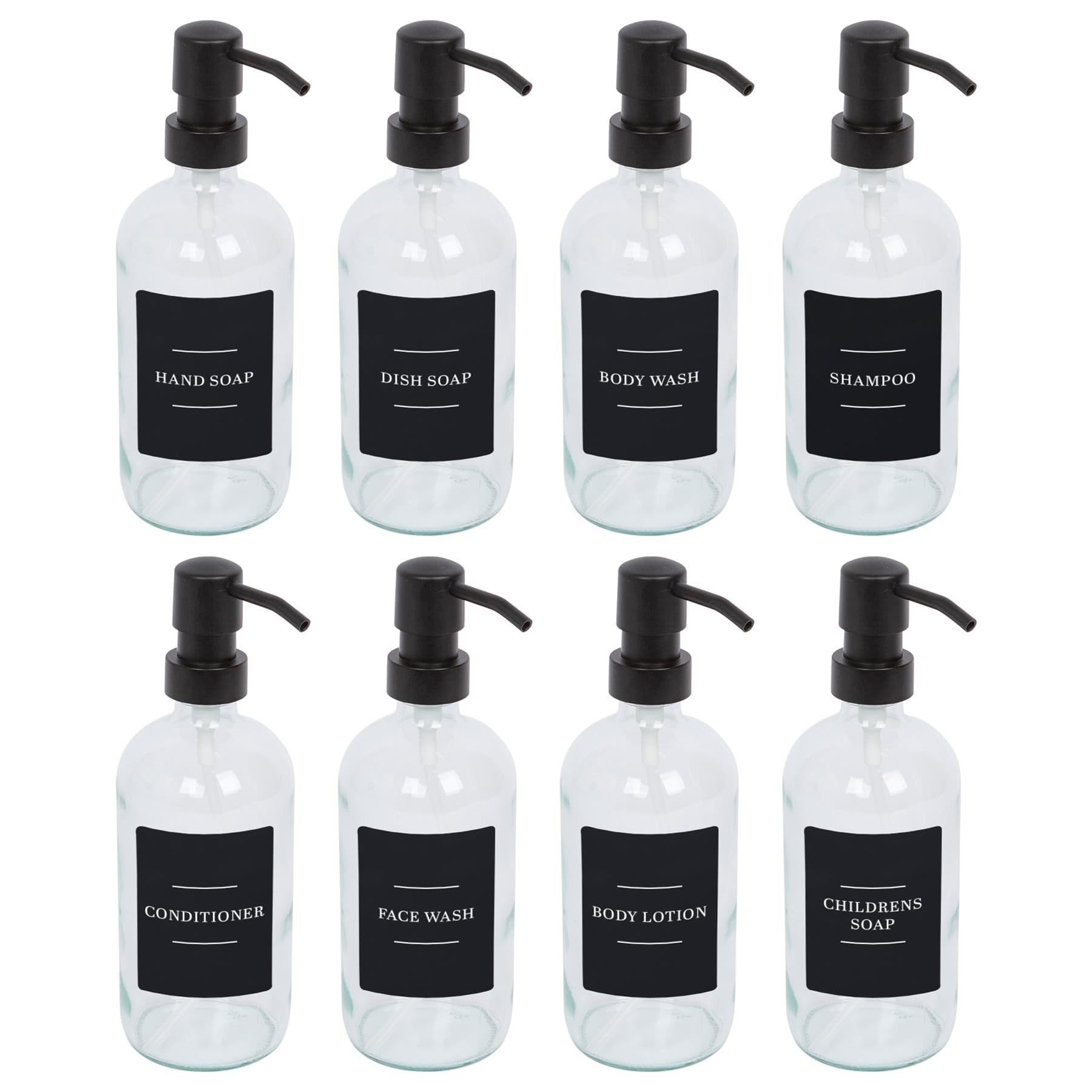 Harbour Housewares Glass Soap Dispensers with Labels Pack of 8-500ml Clear Refillable Bottles with Pumps and Black Labels - Bathroom and Kitchen Accessories for Hand Wash, Lotion or Sanitiser