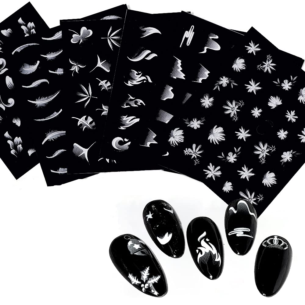 6PCS 5D Nail Art Stickers - Nail Art Water Transfer Sticker with Feather, Flower, Deer, Snowflakes, Crowns, Mountains and Rivers, Patterns Manicure Tips, Nail Tips DIY Decorations Accessories. (A)
