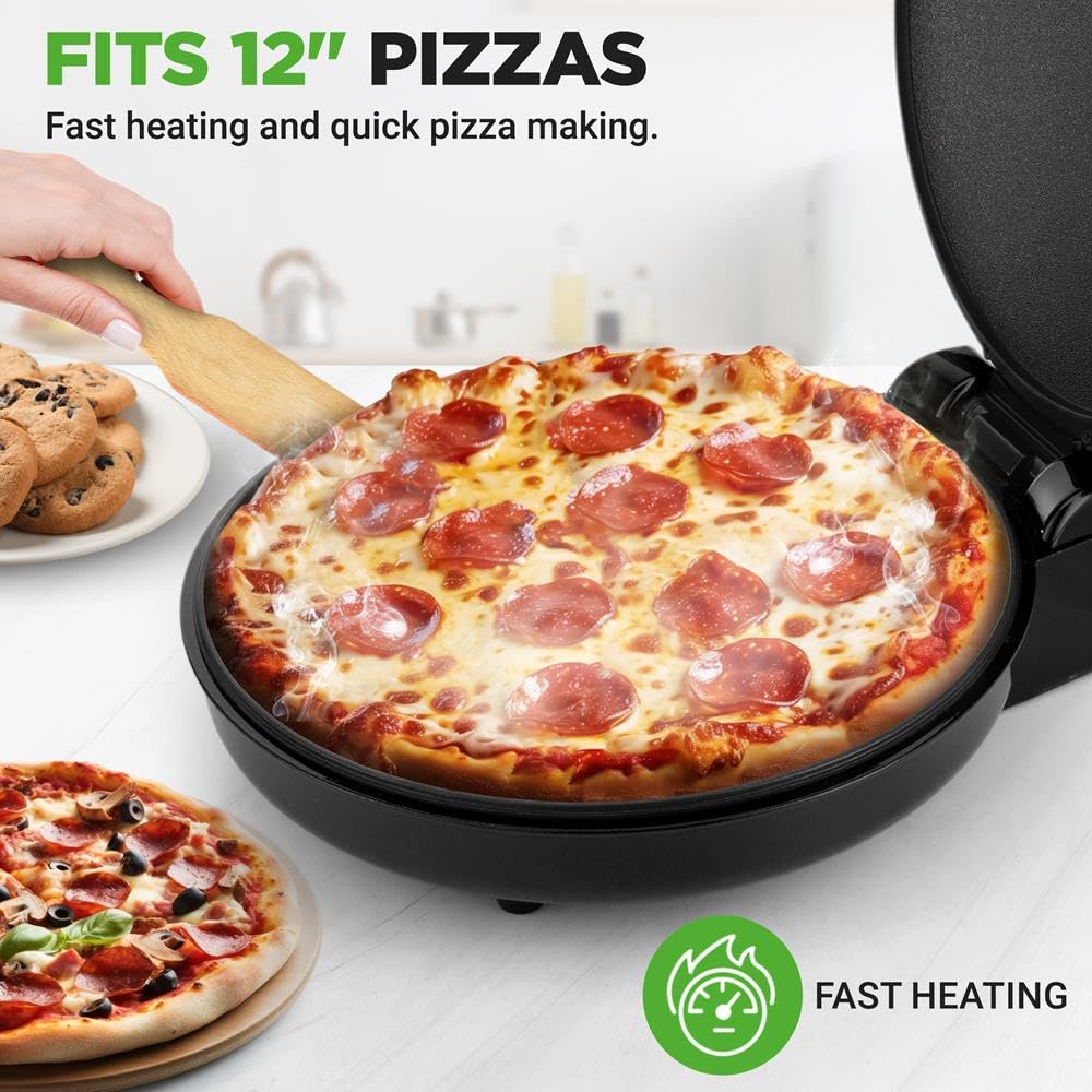 NutriChef Forno Pizza, Cuoci Pizza, Uova, Toast, Pancake e Piadina, 1500 Watt, 30 cm, 80–200°C, Manici Termici Salvaspazio, Pizza Fatta in Casa Croccante, Pizza Surgelata, per Pizzaiolo, Nero