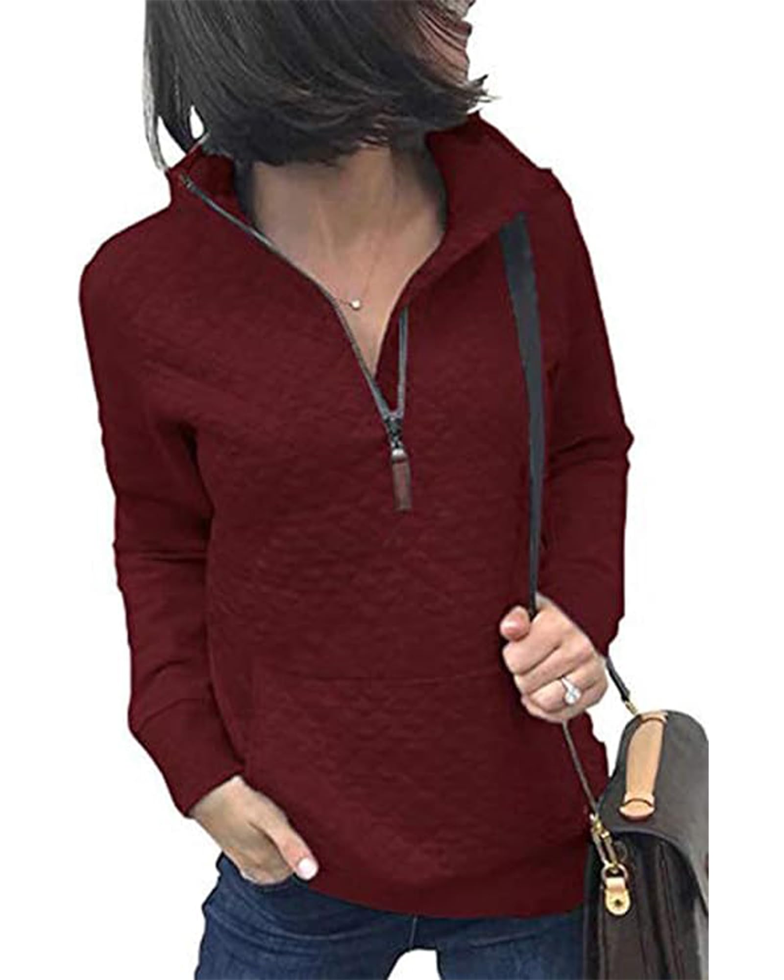 BTFBM Women Fashion Quilted Pattern Lightweight Zipper Long Sleeve Plain Casual Ladies Sweatshirts Pullovers Shirts Tops