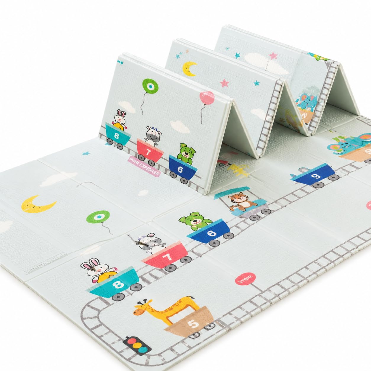 MiniExplorer Double-Sided Waterproof Baby Floor Mat | Extra Large 6.5 x 4.5 ft | 8mm Thick Foam Play Mat | BPA Free, Foldable, Reversible Crawling & Tummy Time Mat for Babies & Kids - Sea & Giraffe