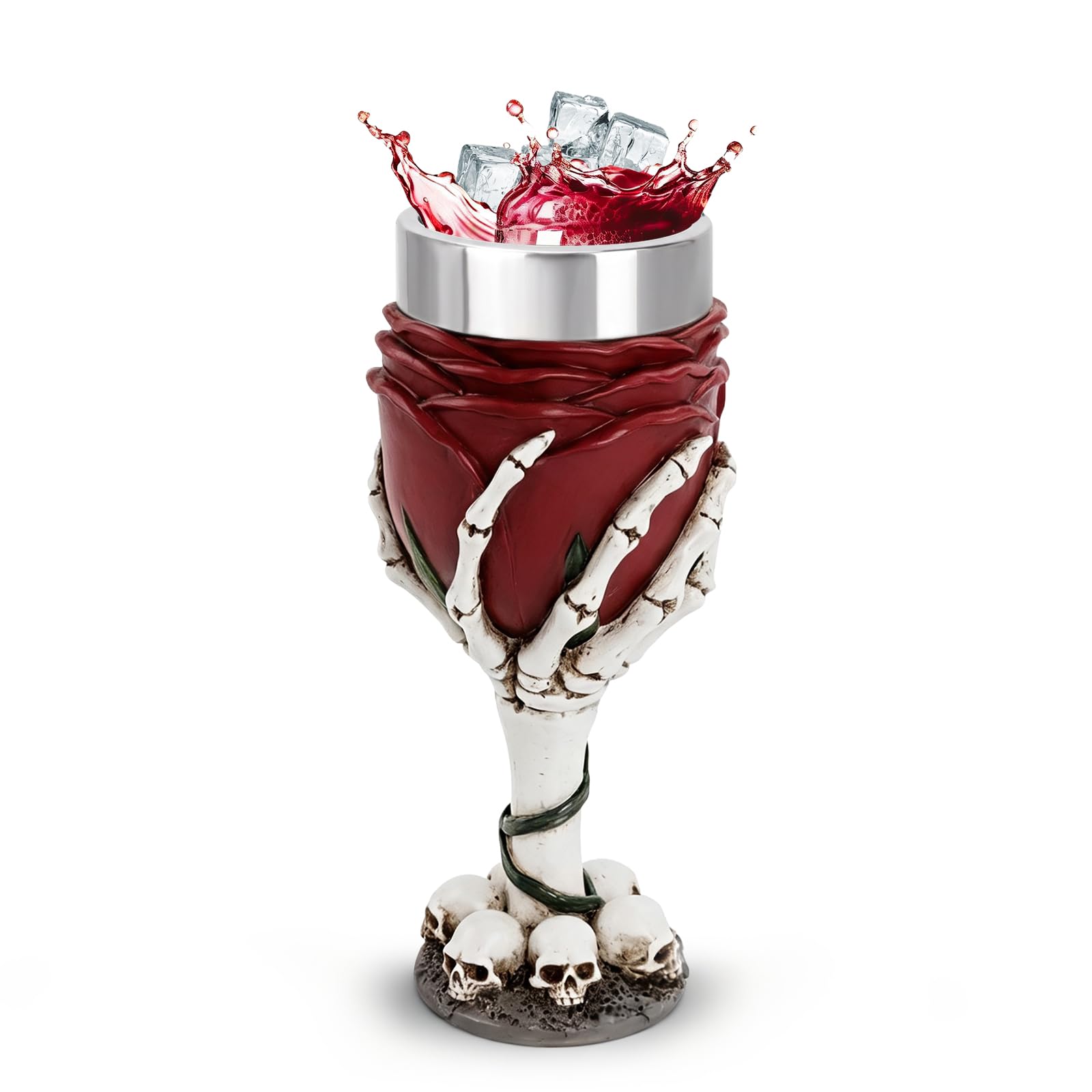 LZLINGMEI Skeleton Rose Goblet, 20cm Skull Gothic Hand Holding Rose Wine Chalice Drinking Party Beer Mug for Men Women, Stainless Steel Insert, Romantic Gift for Halloween, Wedding, Valentine's Day