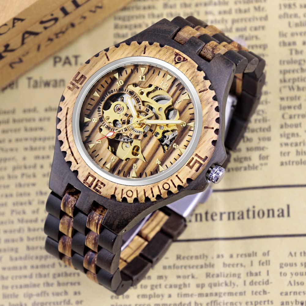 Tiong marrón cuatro dígitos hombres reloj de madera reloj automático hueco reloj de madera mecánico reloj de hombre, Mwd-05circle, Pulsera