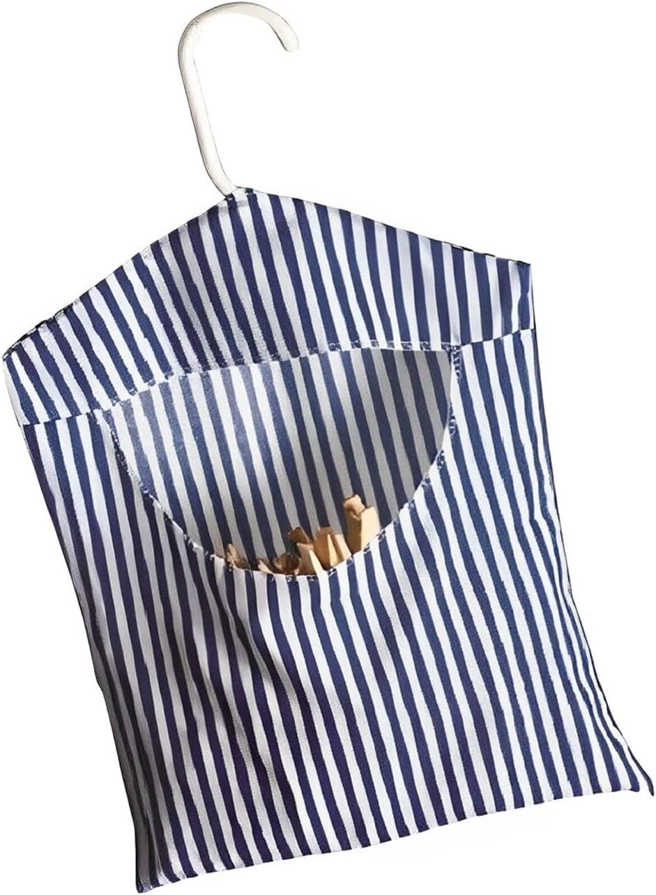 Knnx Navy & White Fabric Peg Bag With Hanger Clothes Laundry Washing Line Pegs Holder Hanging Storage Basket