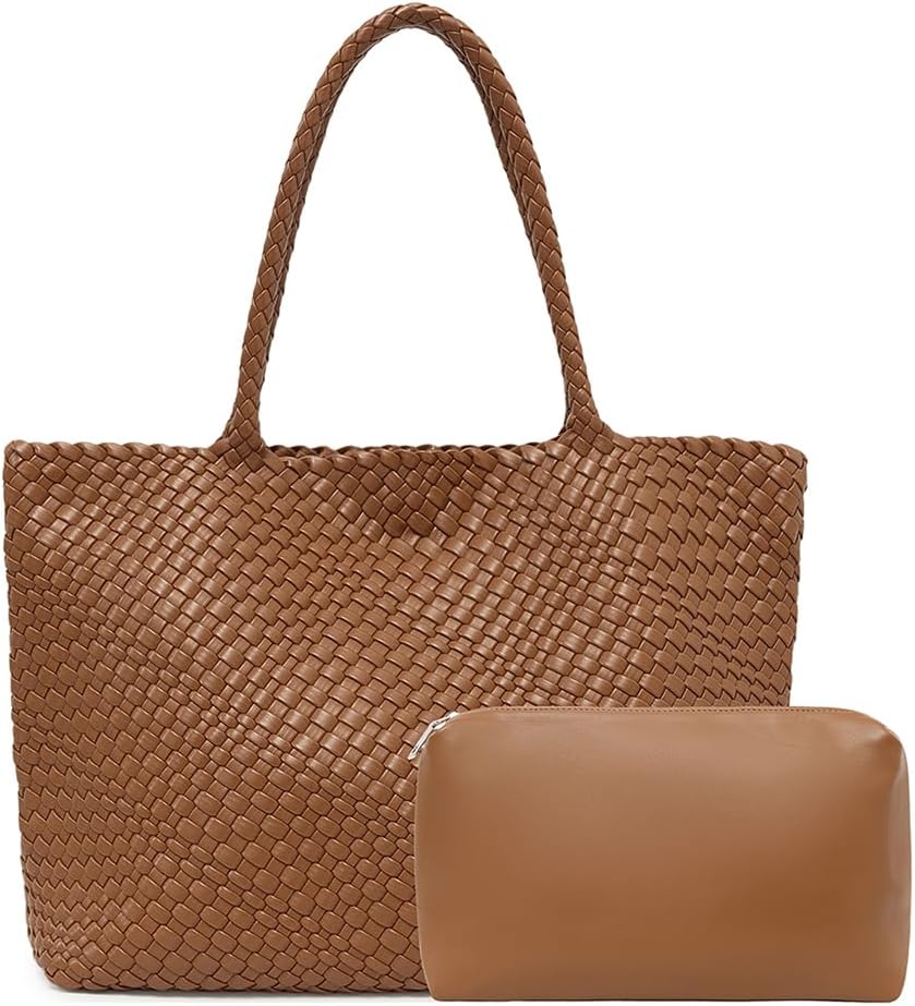 Extra Large Handmade Woven Faux Leather Tote Bag Set for Women Shoulder Purse Beach Bag with Pouch
