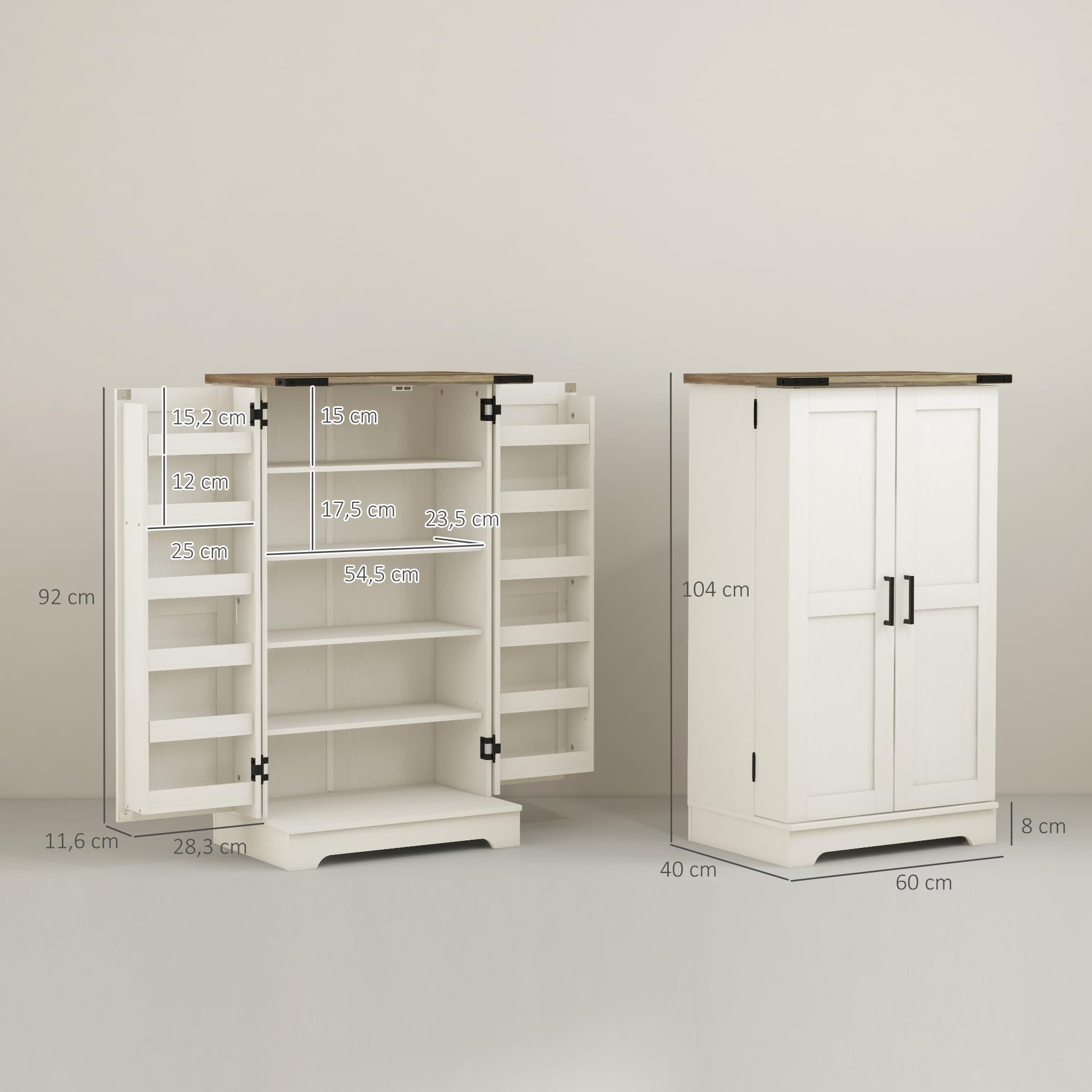 HOMCOM Armadio dispensa cucina armadio da cucina con 2 ante e 16 ripiani dispensa rustica con ripiano regolabile per sala da pranzo soggiorno 60x40x104 cm crema