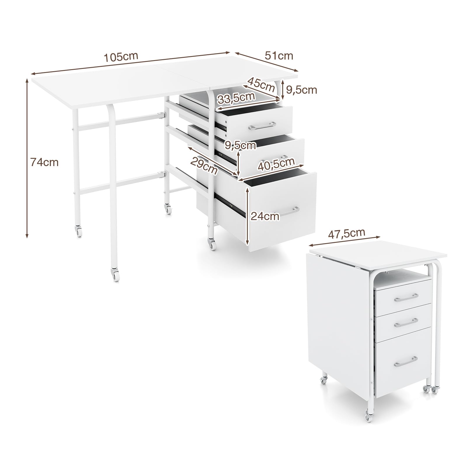 COSTWAY Scrivania Salvaspazio con 3 Cassetti e Ruote Bloccabili, Scrivania Porta PC Pieghevole con Struttura in Metallo per Studio e Ufficio, 105 x 50 x 75 cm, Portata 100 kg (Bianco)