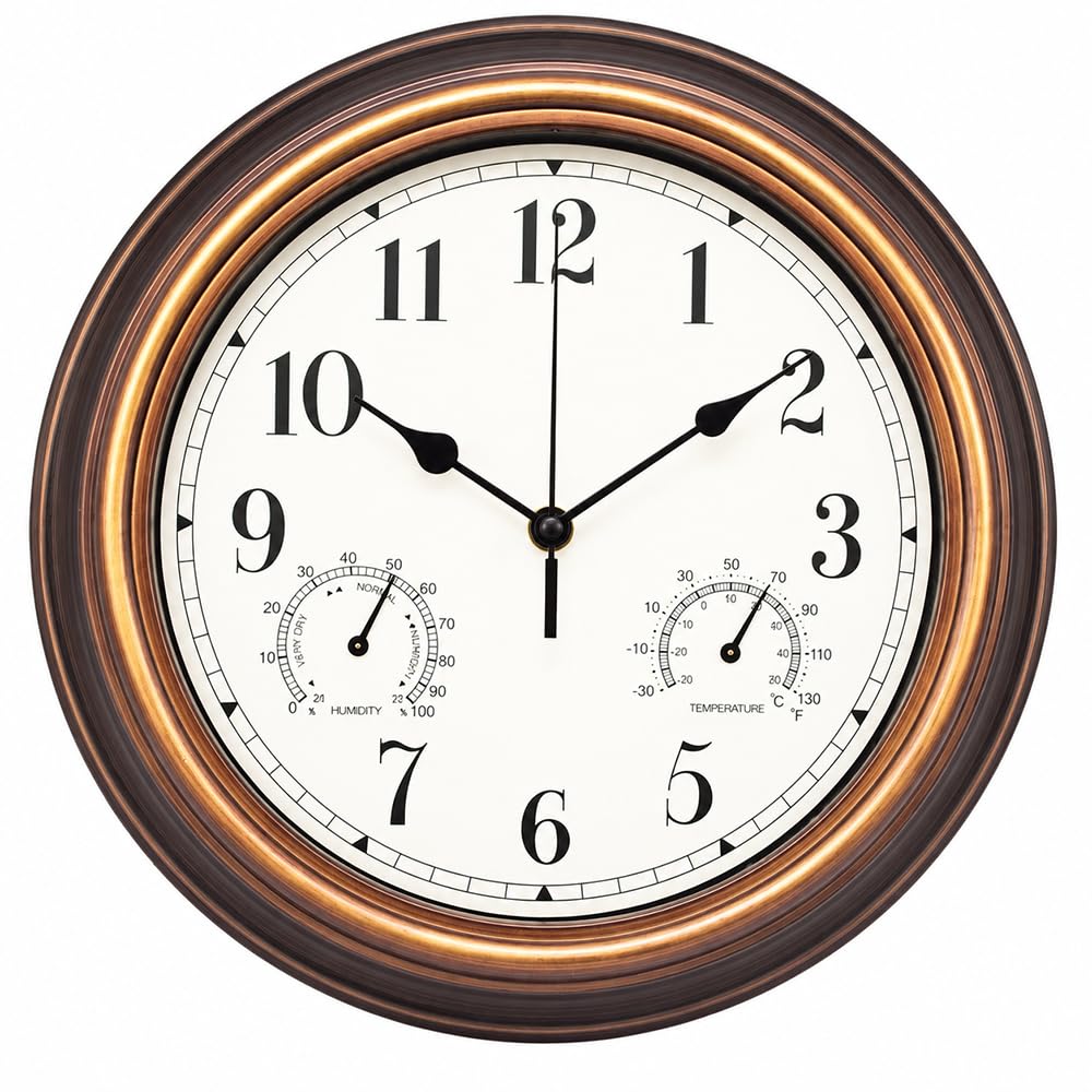 Rppiup Outdoor Clock, 12 Inch Garden Clock Outdoor Waterproof with Temperature and Humidity, Battery Operated Quartz Clocks Vintage Wall Clocks for Patio, Pool, Porch, Bathroom, Kitchen