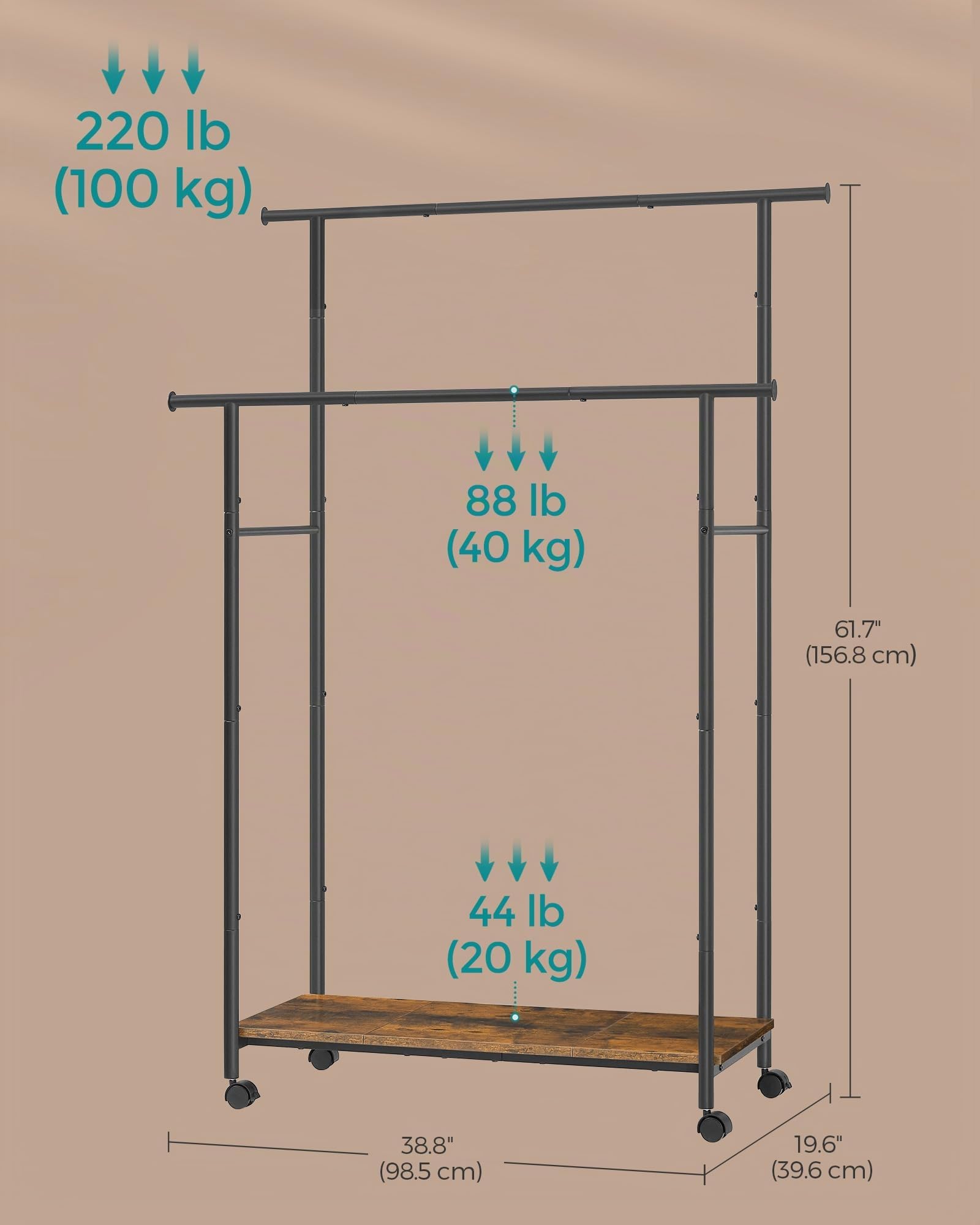 SONGMICS Perchero con ruedas, perchero de doble barra para colgar ropa, 38.8 pulgadas con estante, carga hasta 220 libras, para dormitorio, armario, marrón rústico y negro tinta UHSR152B01