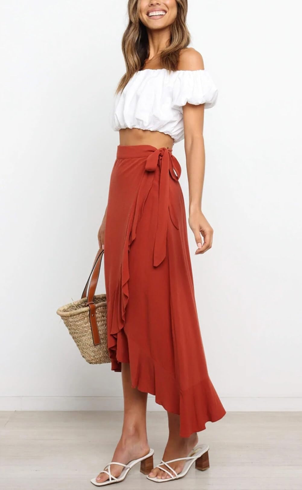 FEOYA Jupe Portefeuille mi-Longue Femmes Une Pièce Jupes Longues D'été Décontractées pour La Plage Taille Haute Jupes Maxi Enveloppantes