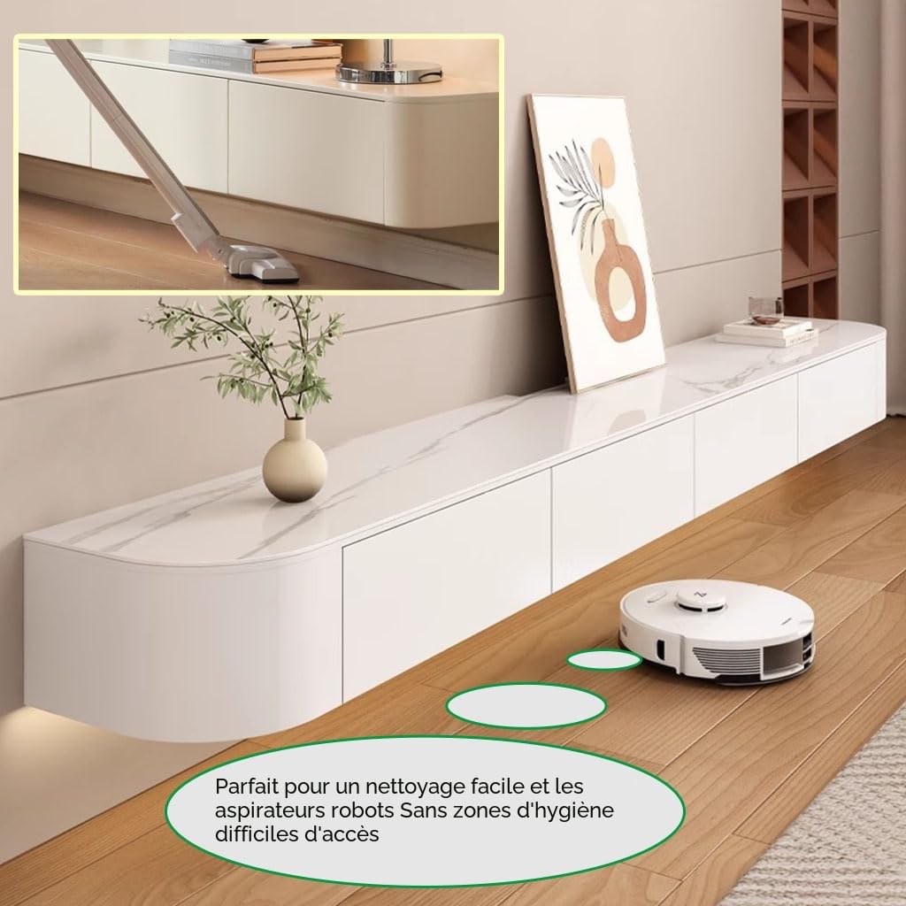 Console TV flottante, meuble TV mural, grand banc TV de rangement sous la TV avec tiroirs, support de routeur (blanc + LED, 160 x 20 x 24 cm)
